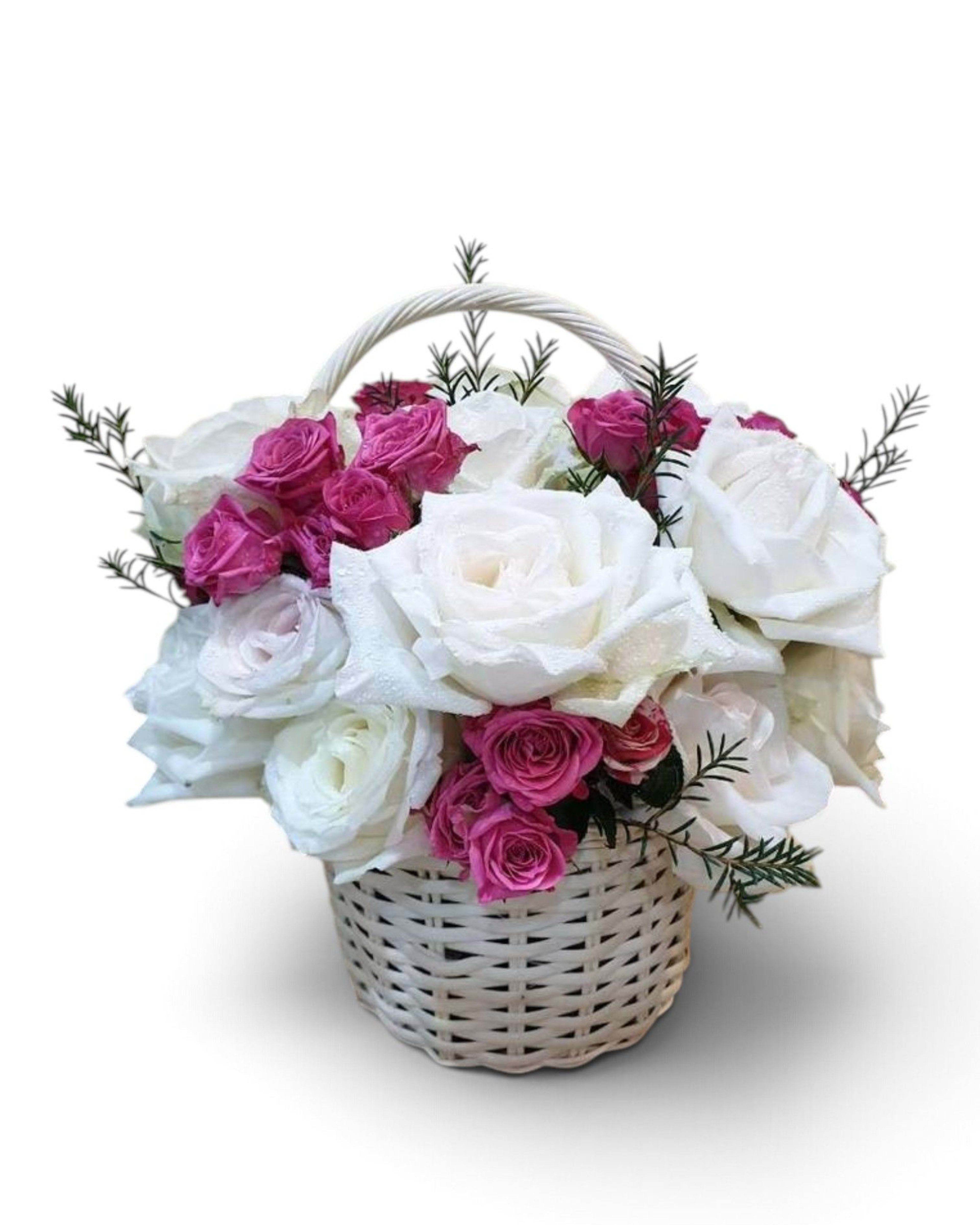 White & Pink Basket White Rose & Pink Spray Rose Arrangement