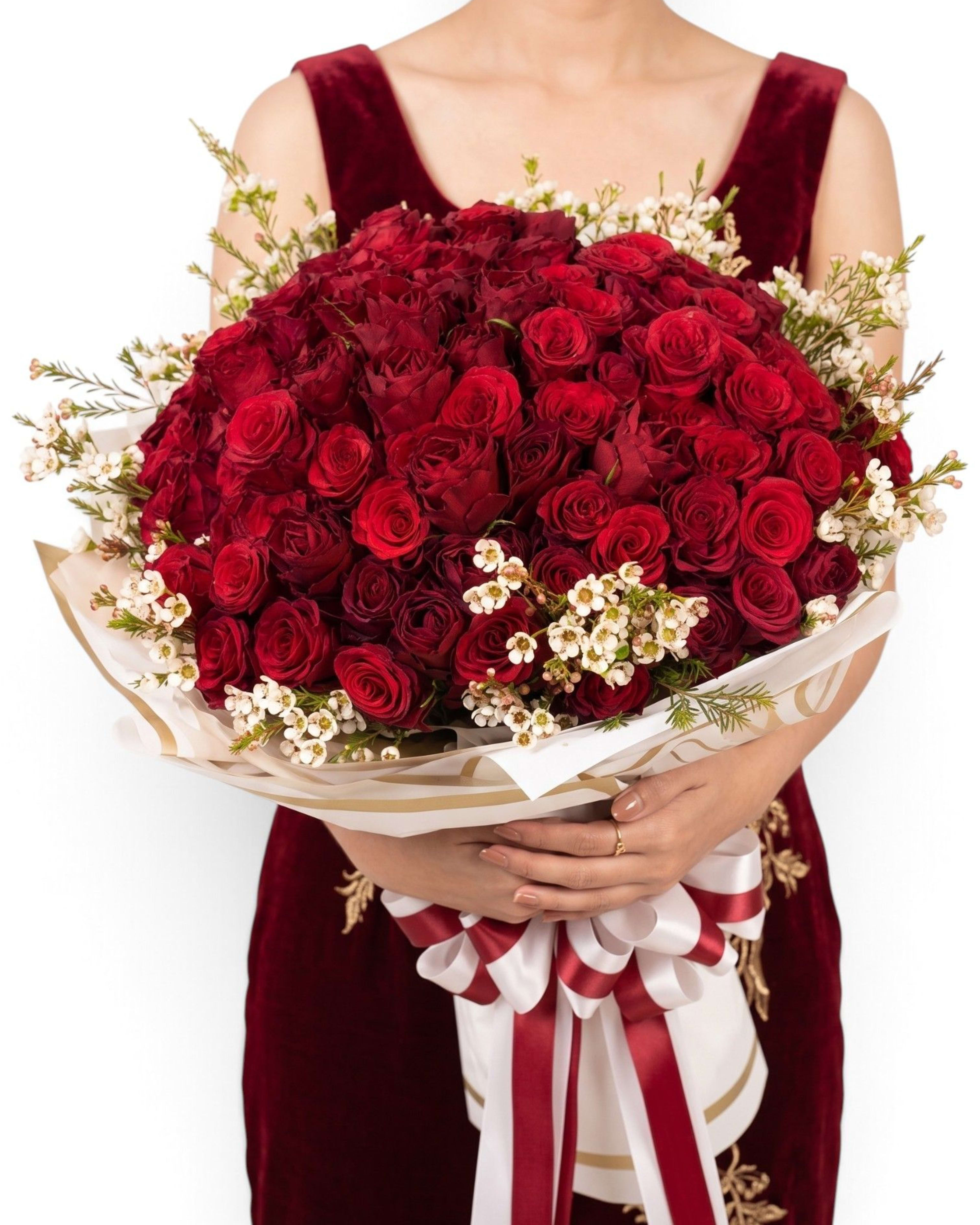 Model with Grand Bouquet Large Red Rose Bouquet