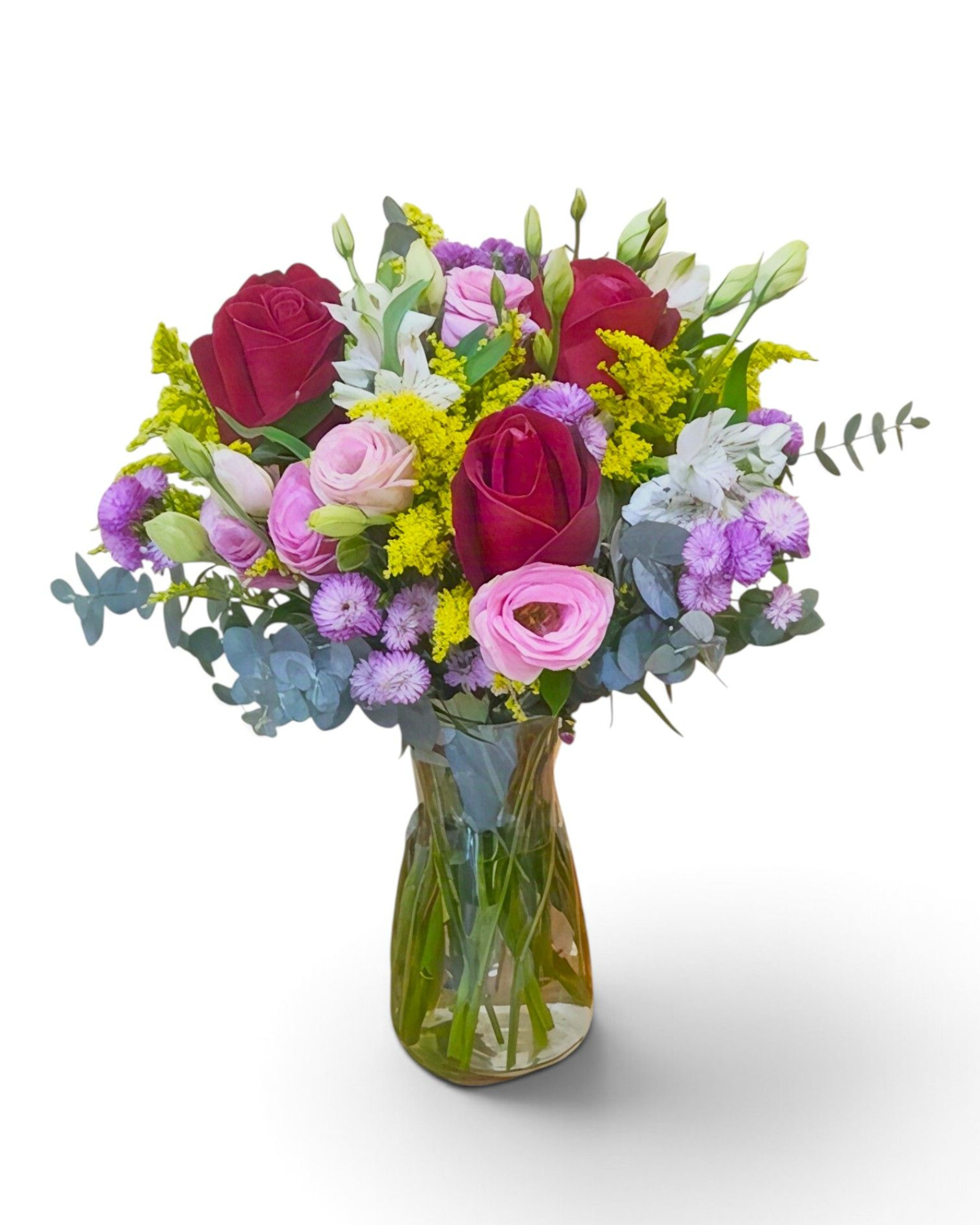 Vivid Garden Red Rose, Lisianthus & Mixed Flower Vase