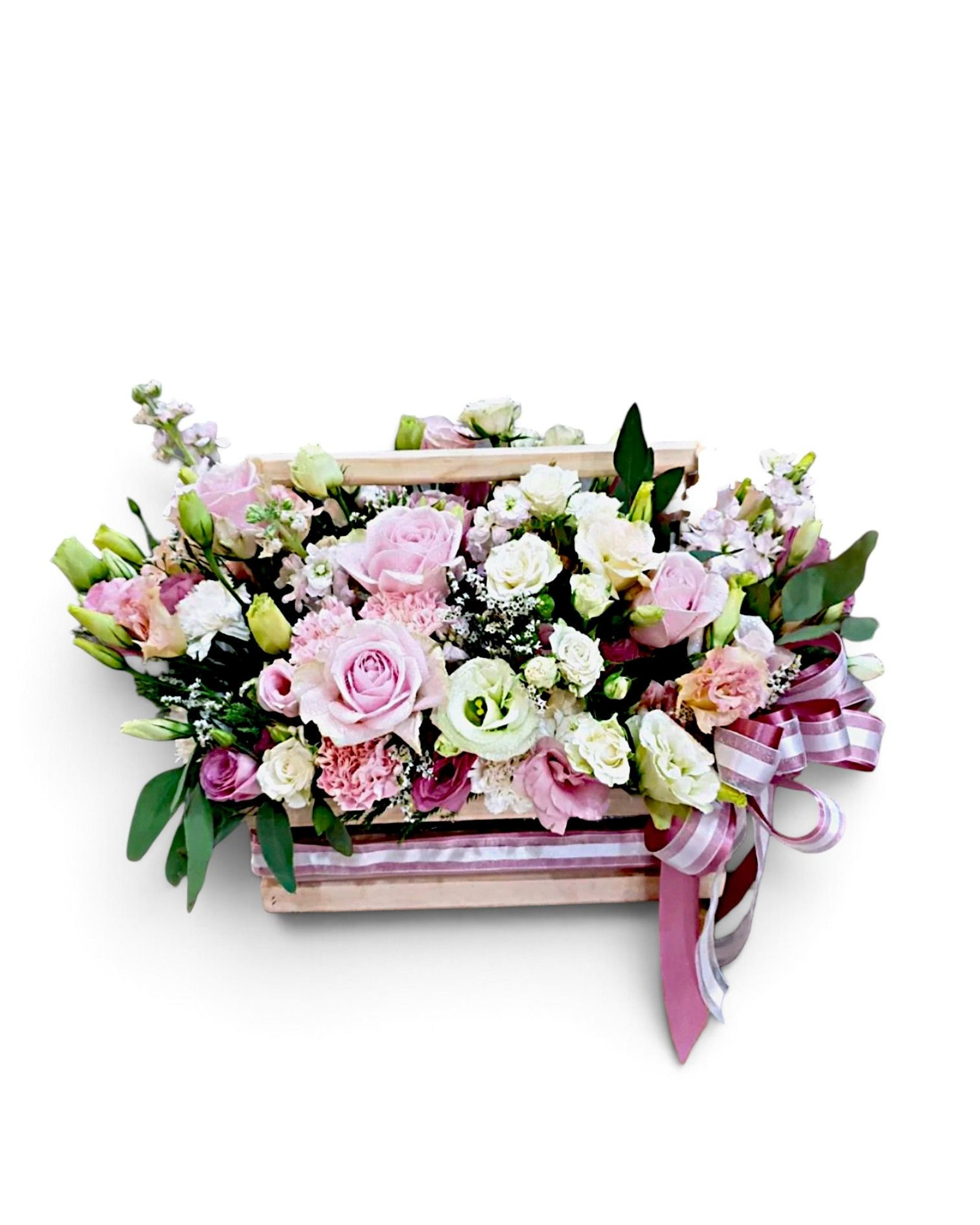 Rustic Pink Garden Rose & Lisianthus Wooden Crate