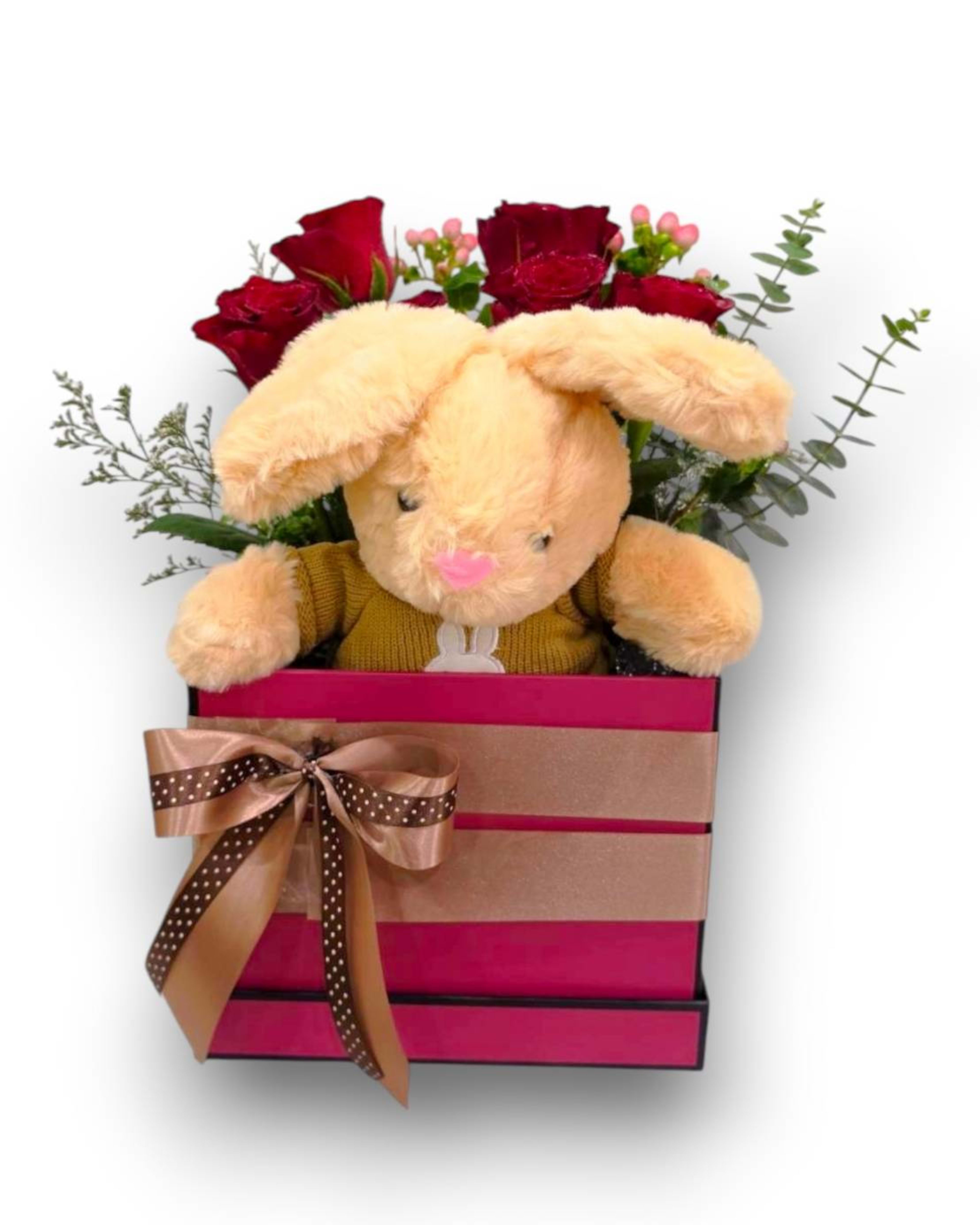 Red Rose & Bunny Plush Gift Box with Hypericum and Eucalyptus