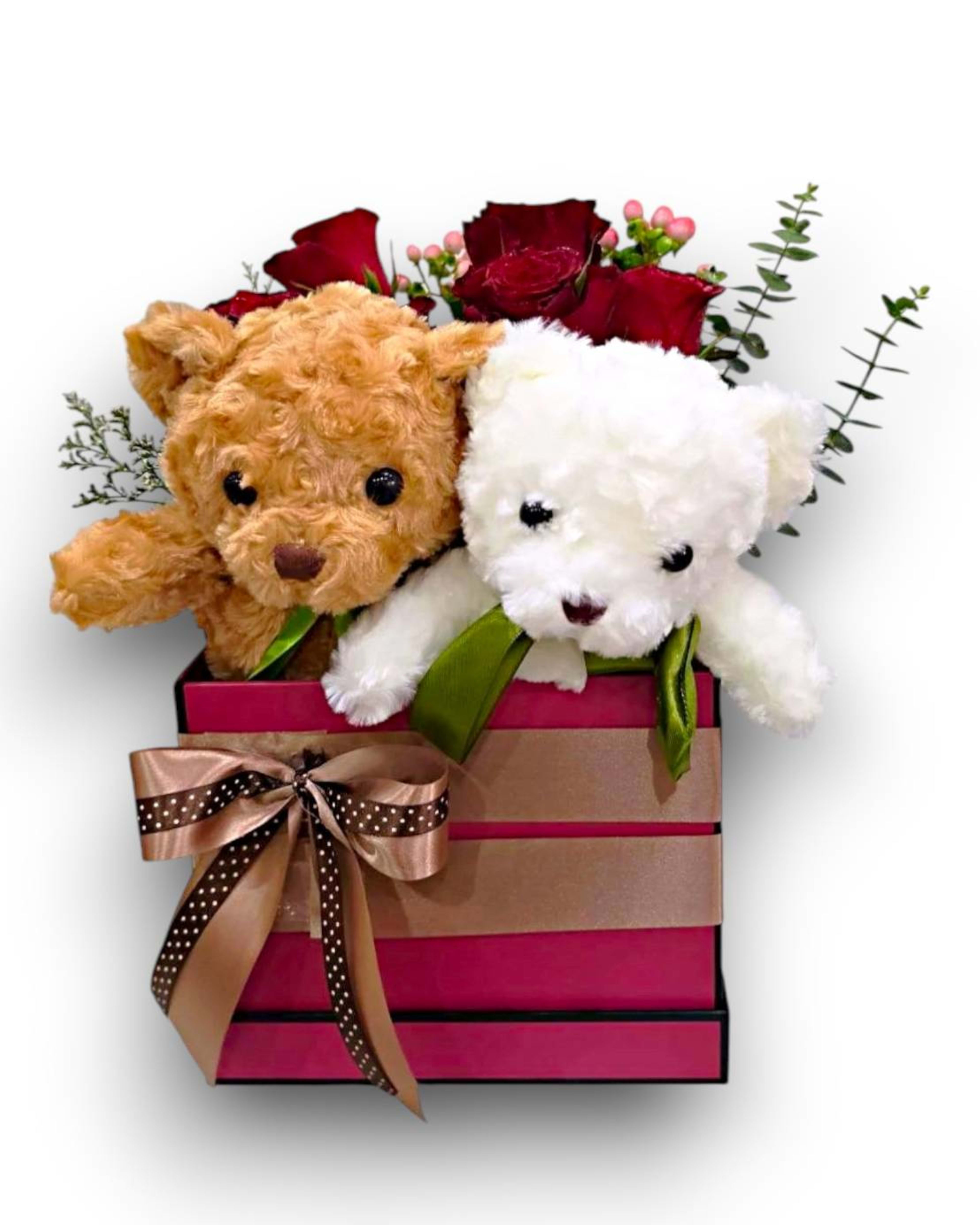 Red Rose & Twin Teddy Bear Gift Box with Hypericum and Eucalyptus