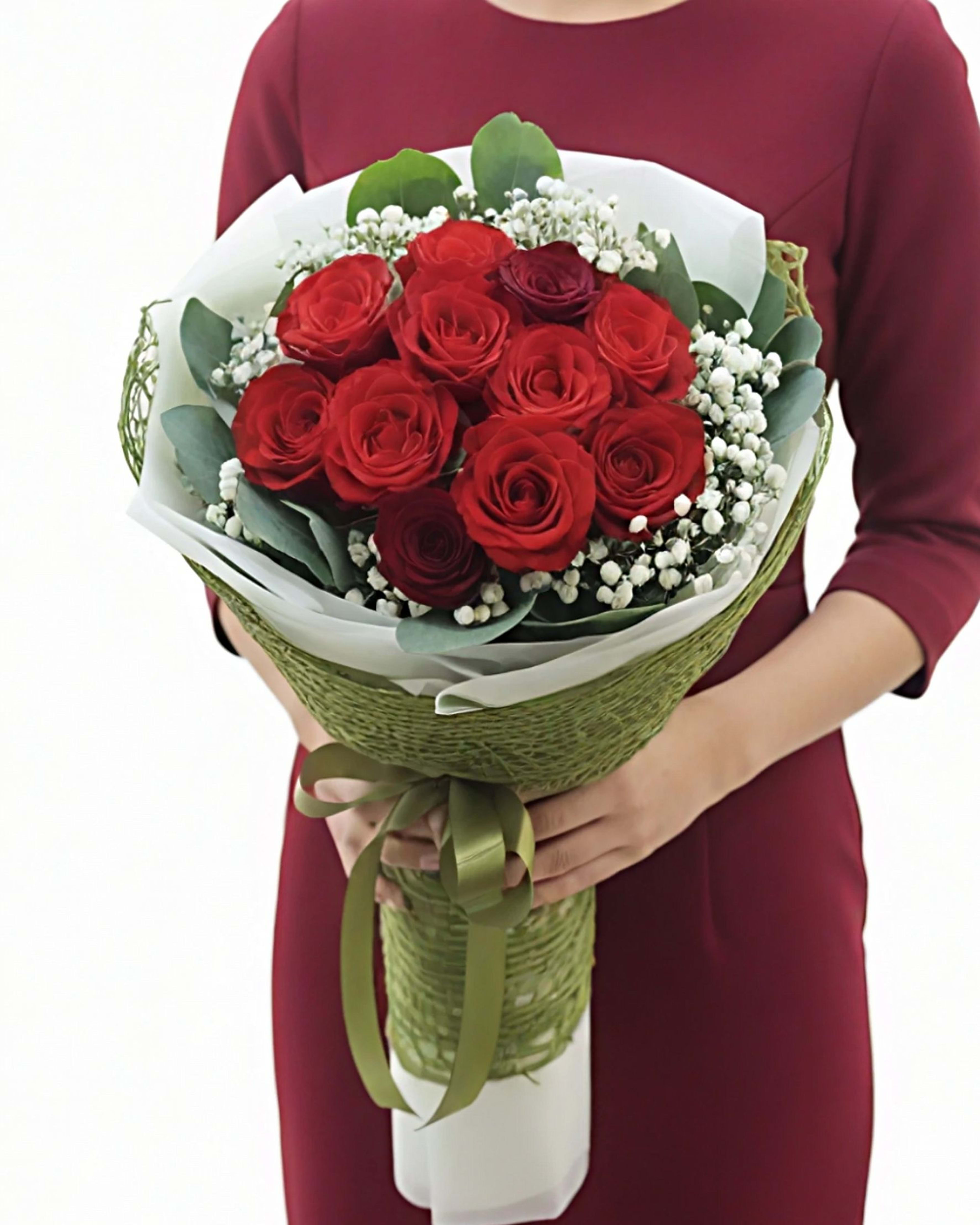 Red & Green Garden Rose and Eucalyptus Bouquet