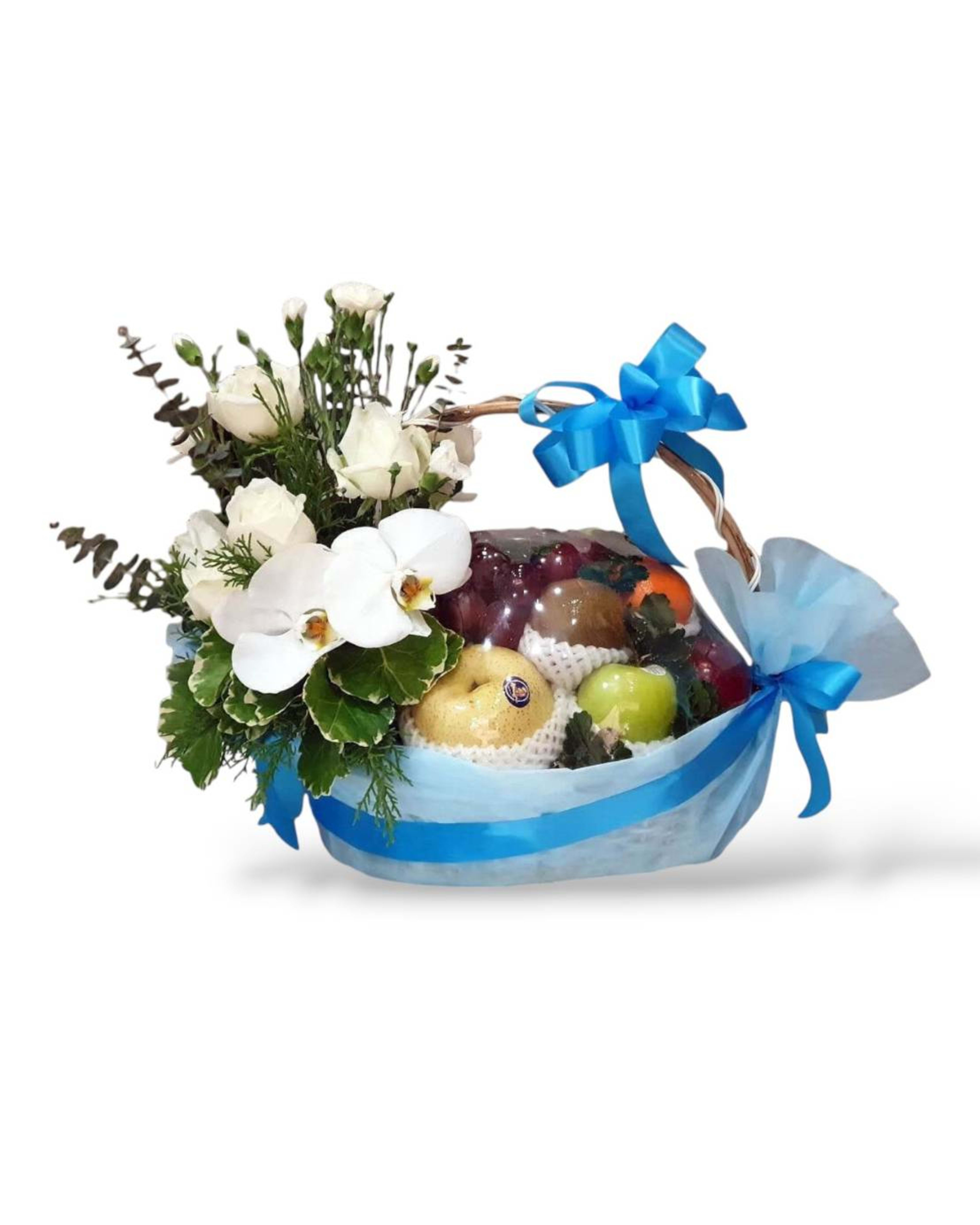 White Elegance Fruit Basket — Premium Fruits with White Flower Arrangement