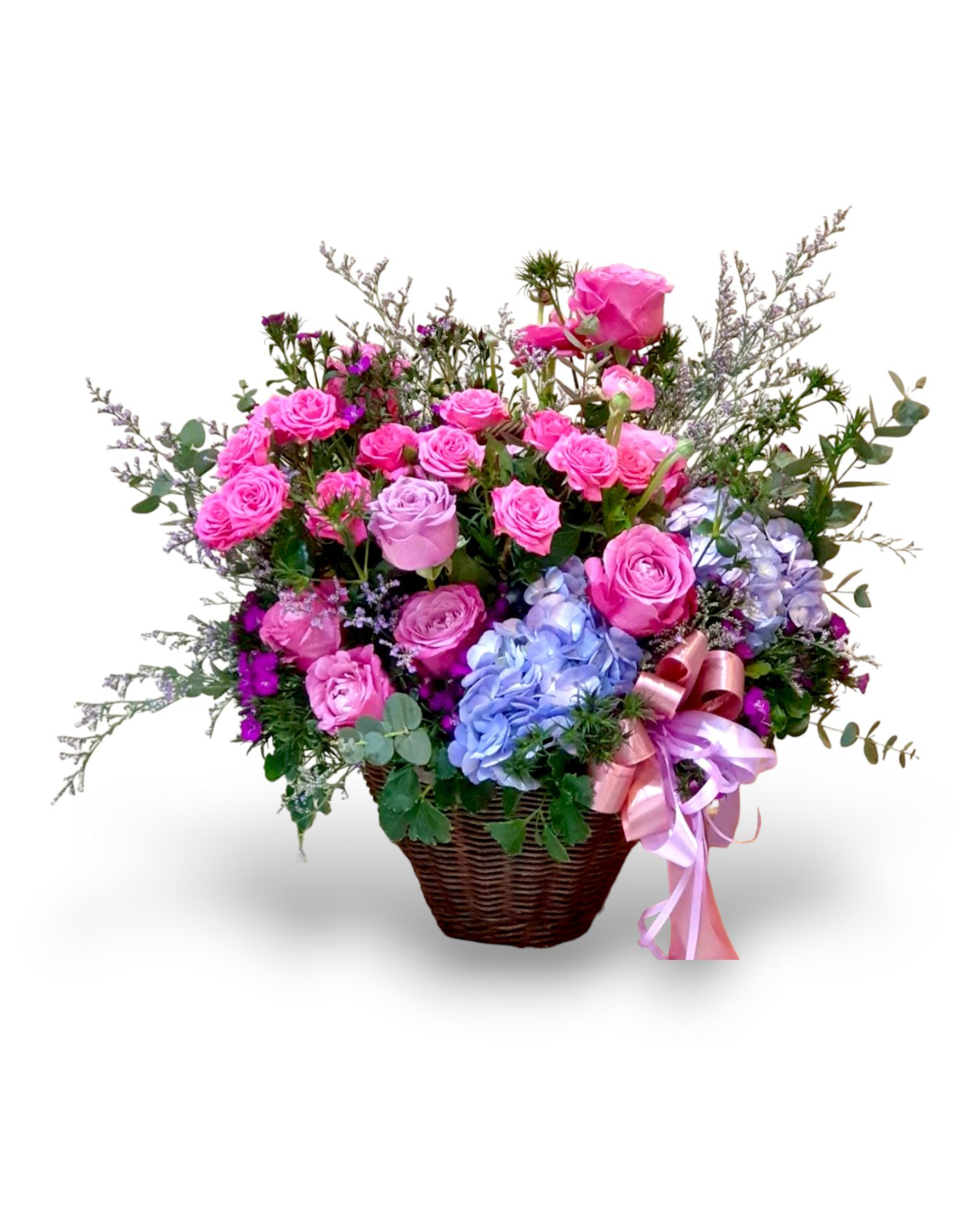 Purple Dream Pink Rose & Blue Hydrangea Basket