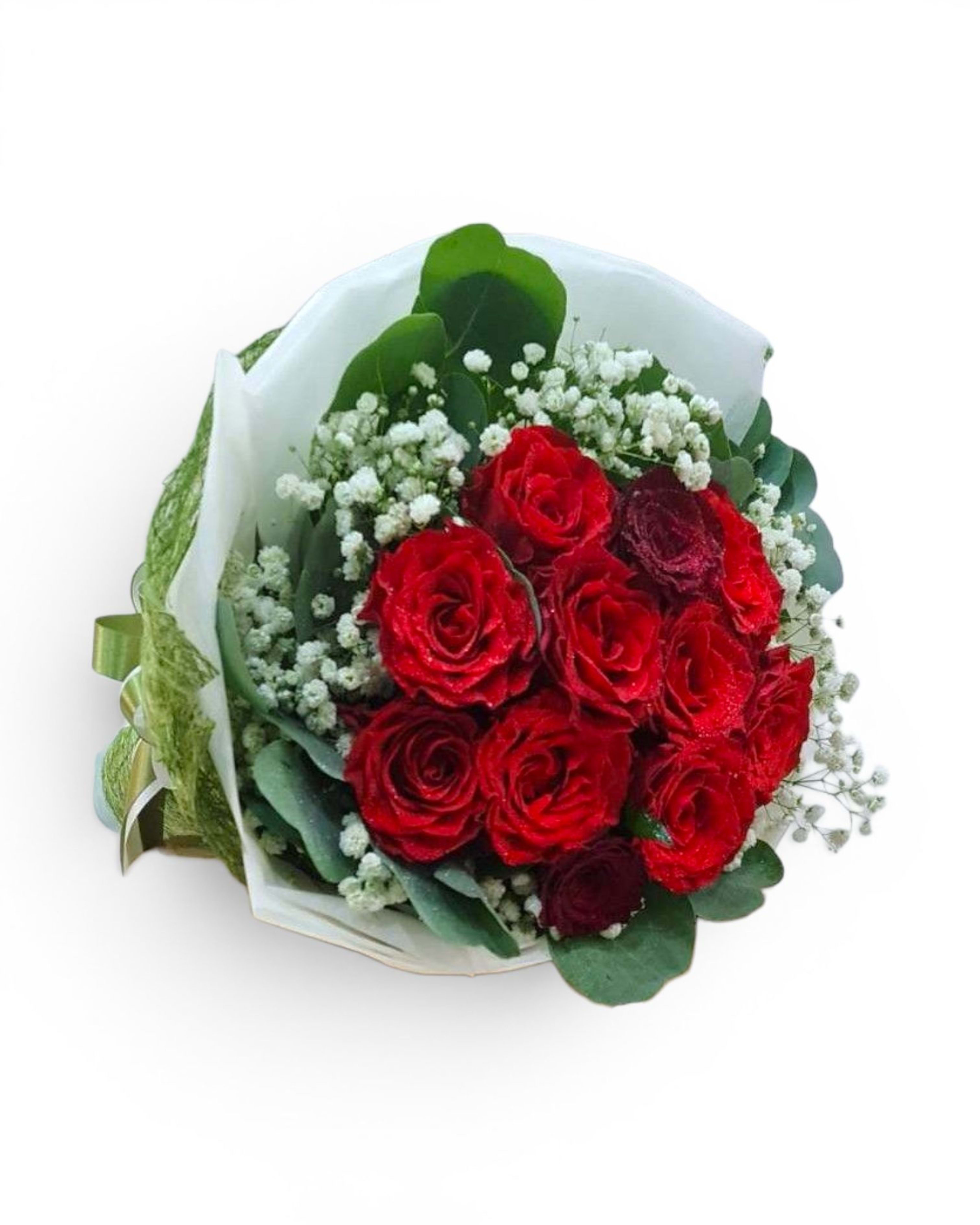 Red & Green Garden Rose and Eucalyptus Bouquet