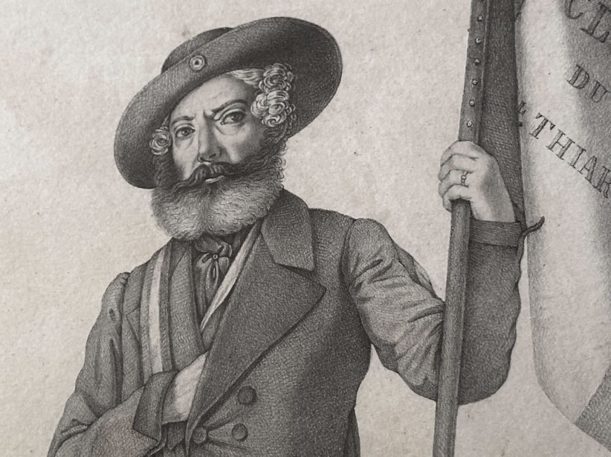 Dessin ancien portrait homme drapeau révolution liberté Chalon-sur-Saône 1848 - Image 1