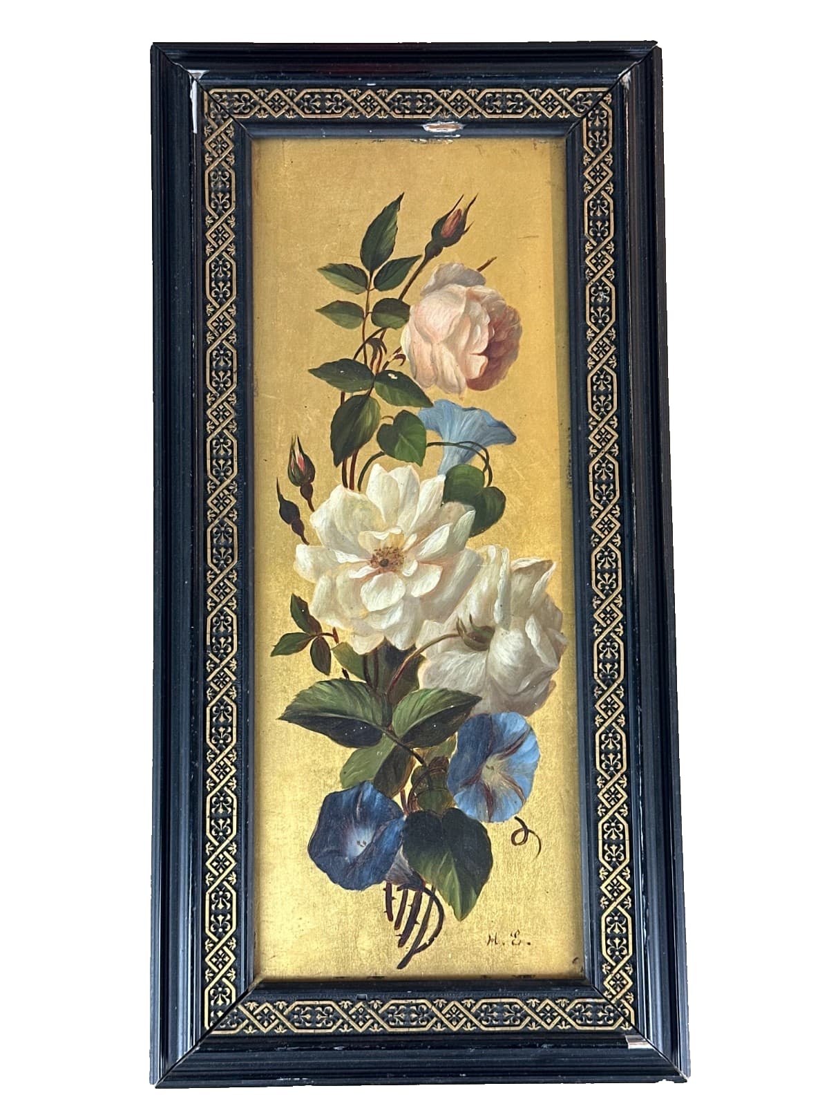 Nature morte bouquet de rose fond d'or tableau ancien Honorine Emeric XIXe - Image 1