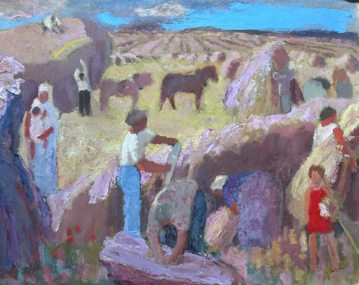 Tableau ancien Art déco Sigrist paysage provençal été moisson travaux des champs - Image 1