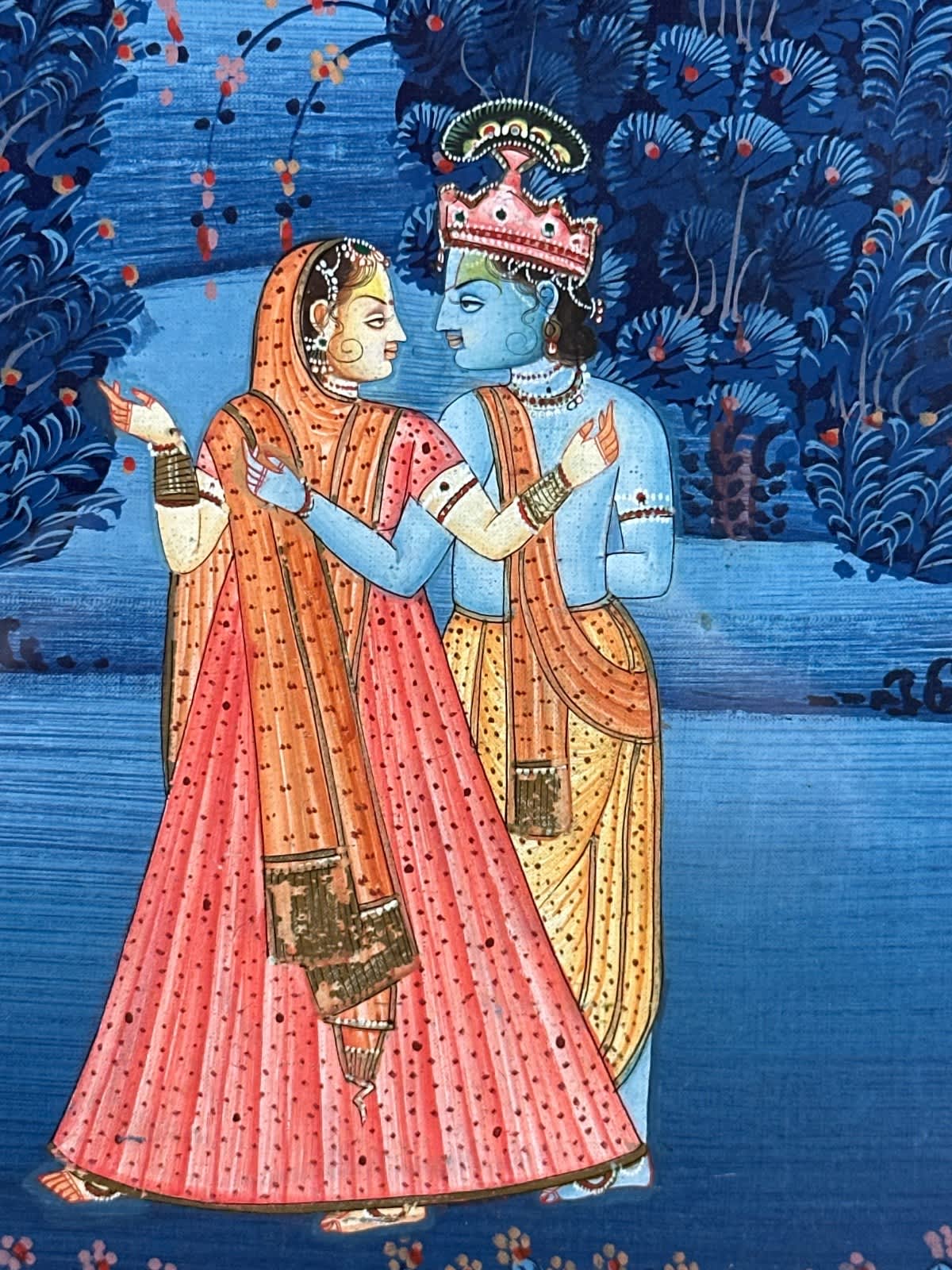 Tableau ancien grande miniature Indo Perse l'Amour Absolu Krishna et Radha XXe - Image 1