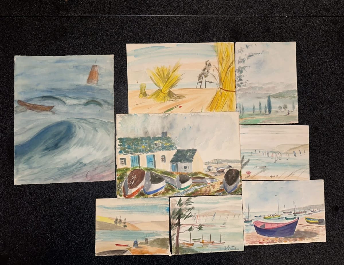 Ancienne aquarelle impressionniste Gabrielle Bellocq paysage marine bretonnes x8 - Image 1