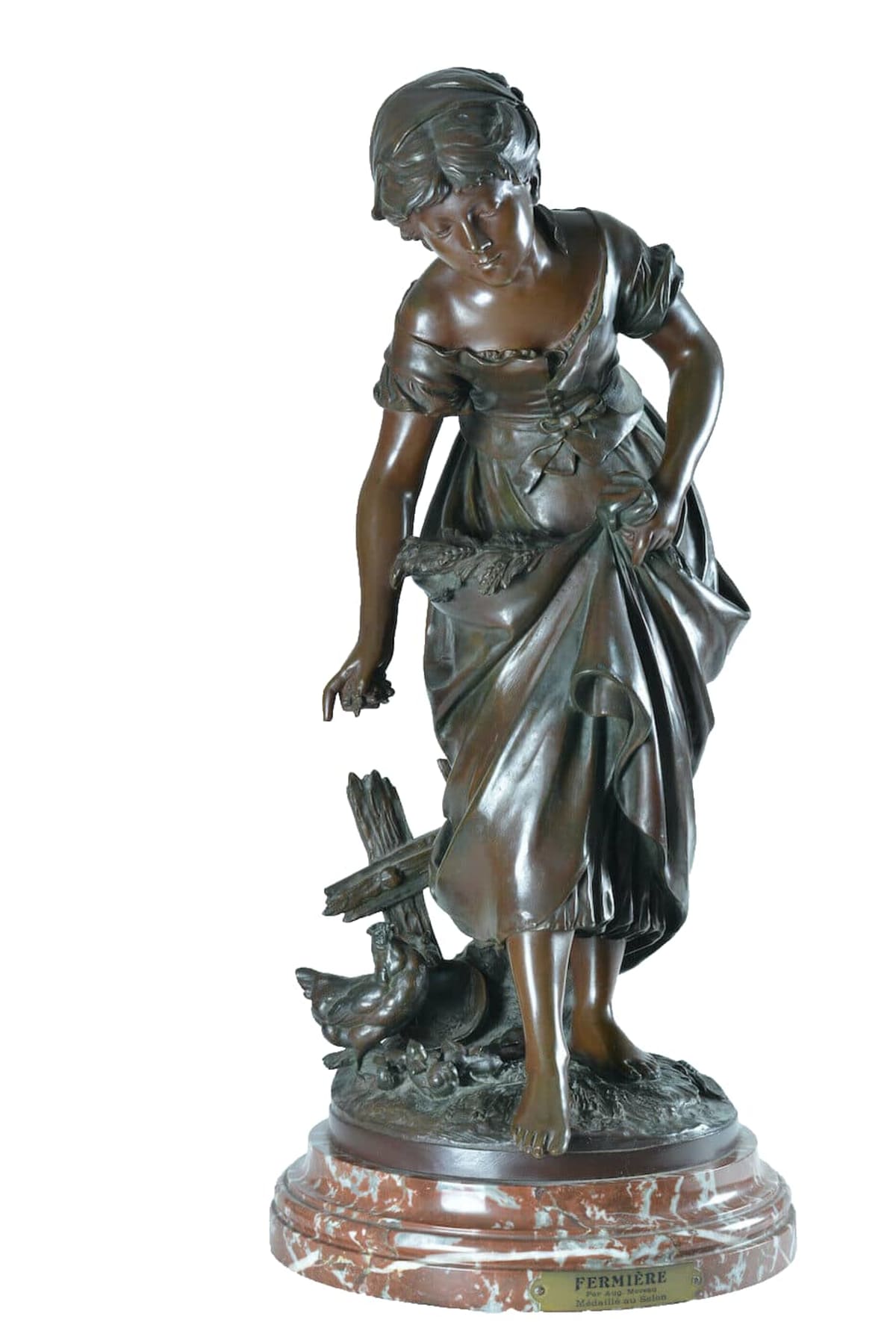 Grand bronze ancien portrait femme la fermière poussins Auguste Moreau XIXe 68 cm - Image 1