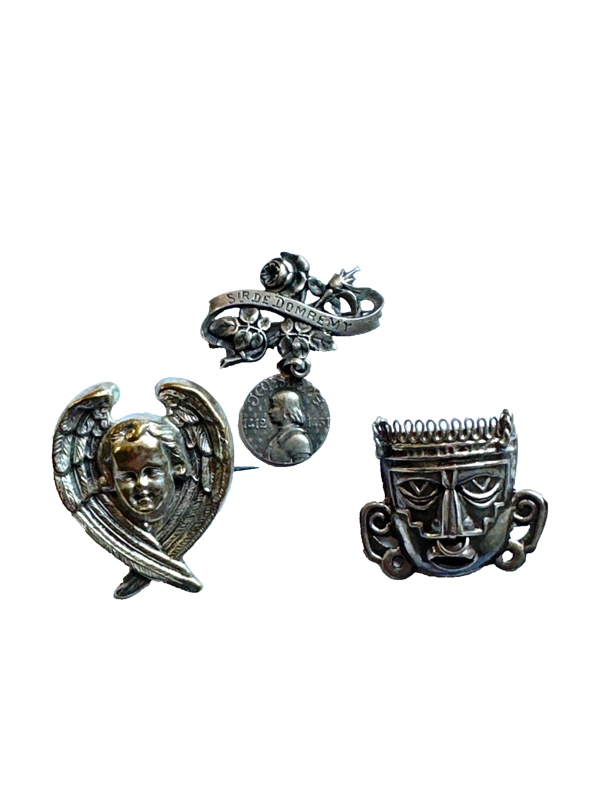 Ancien lot de broche ange Jeanne d'Arc Domremy masque aztèque en argent - Image 1