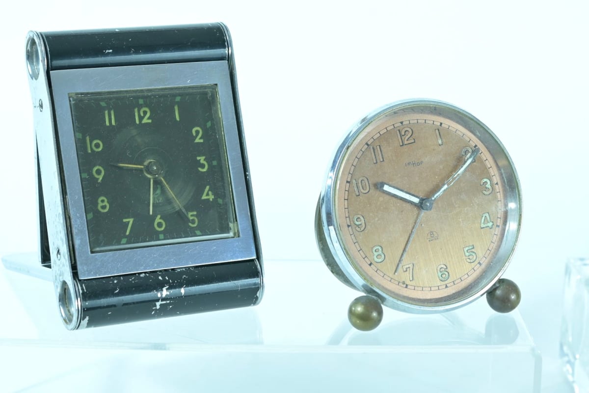 Ancien réveil de voyage Imhof Suisse Mutic Jaz art déco x 2 - Image 1