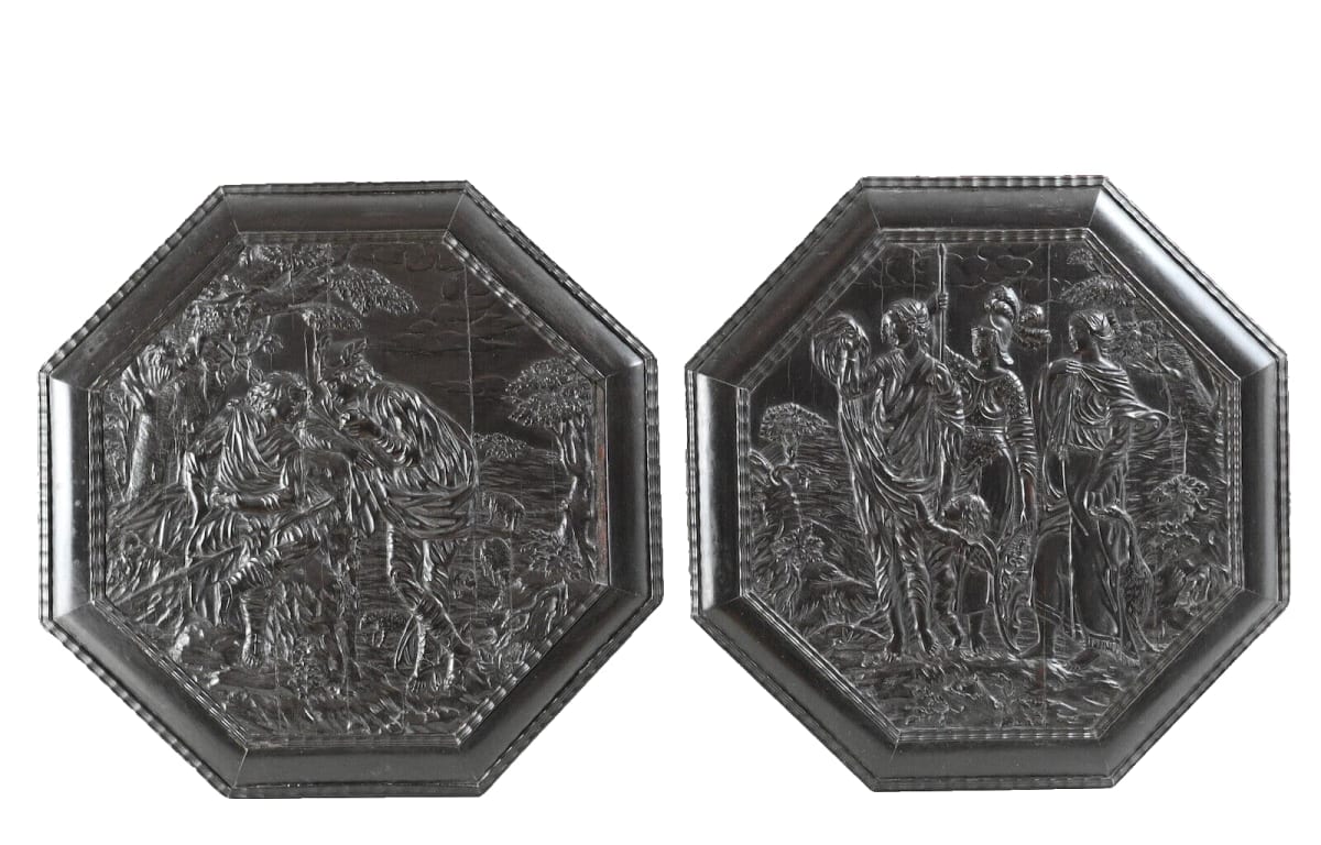 Ancien bois sculpté ébène Pierre Gole Les Métamorphoses d'Ovide XVIIe x2 rare - Image 1