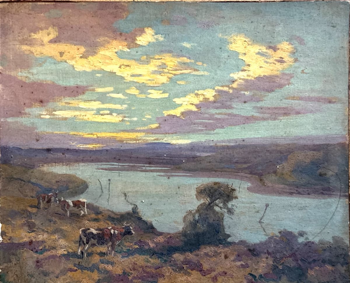 Ancien tableau breton marine vache ciel orange Bretagne attribué à Édouard Doigneau n°7 - Image 1