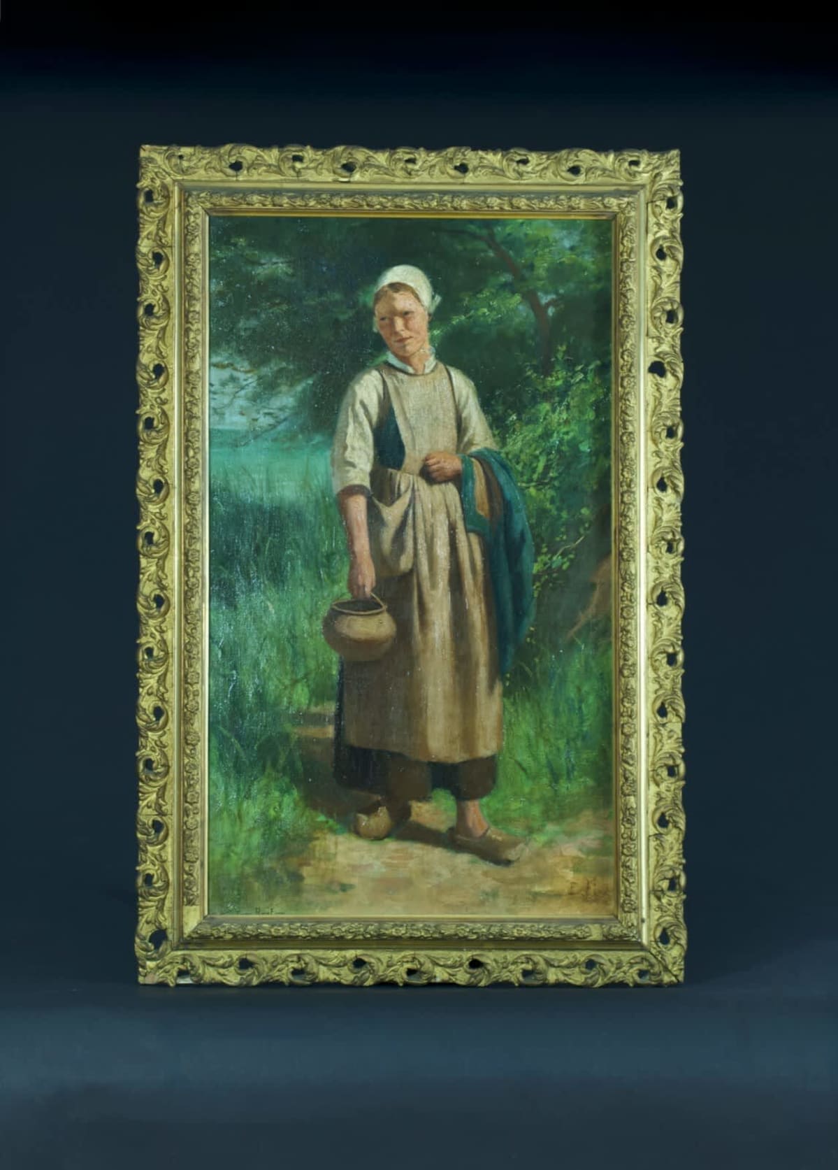 Ancien tableau portrait jeune paysanne normande paysage bord de mer sv Feyen - Image 1