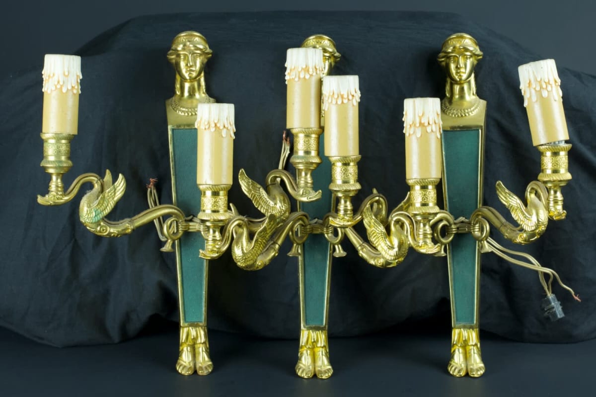 Ancienne applique lampe bronze doré cariatide athénienne Grèce antique cygne x 3 - Image 1