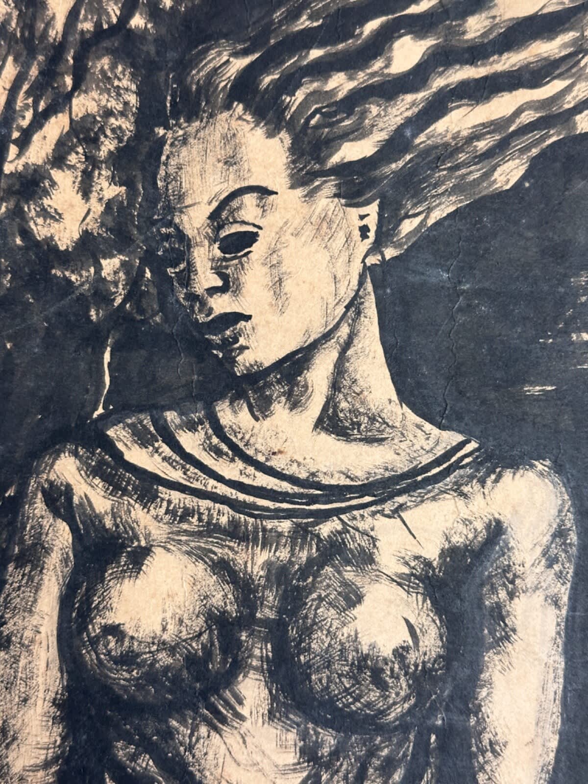 Tableau ancien expressionniste grand portrait femme paysage encre Spring - Image 1