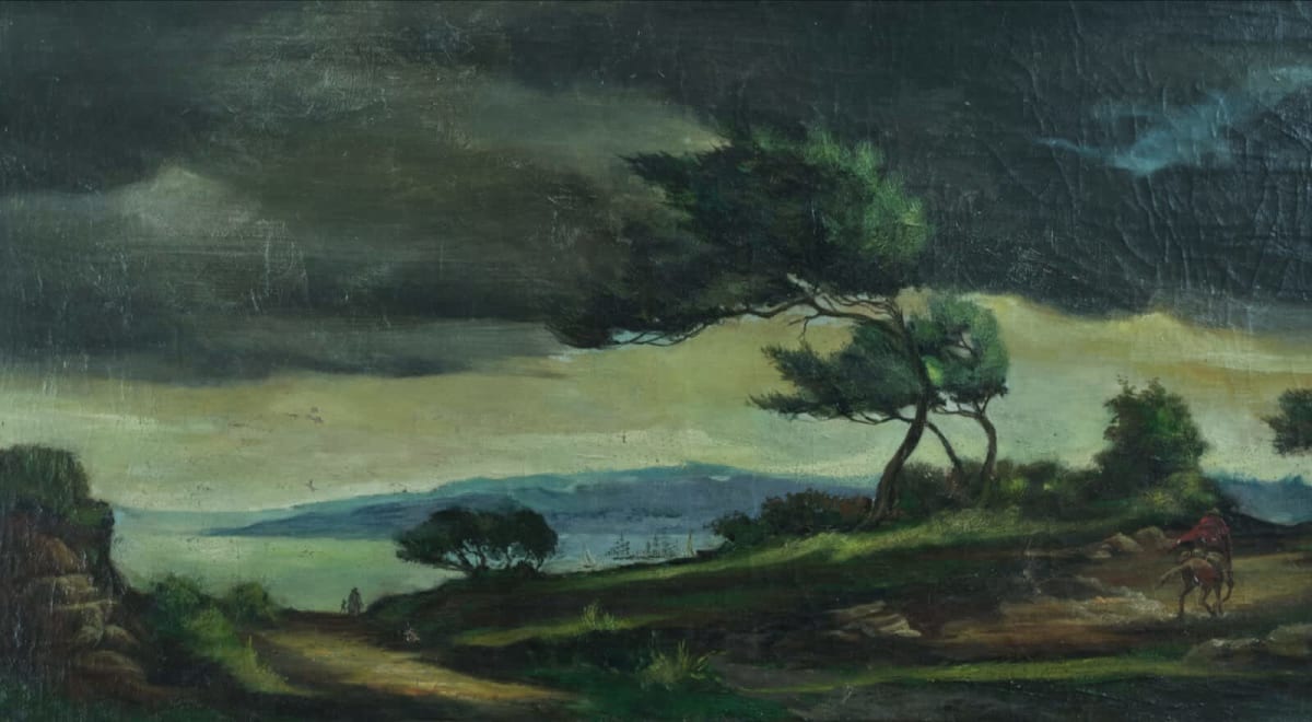 Tableau ancien cavalier dans la plaine bord de mer ciel orageux XIXe signé HST - Image 1