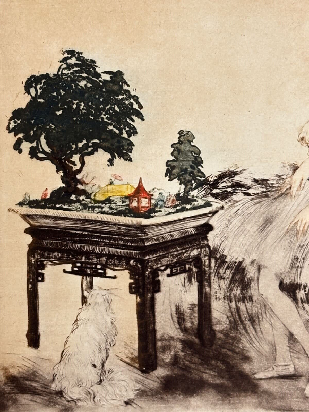 Ancienne estampe portrait élégante Le jardin Japonais Louis Icart art déco - Image 1