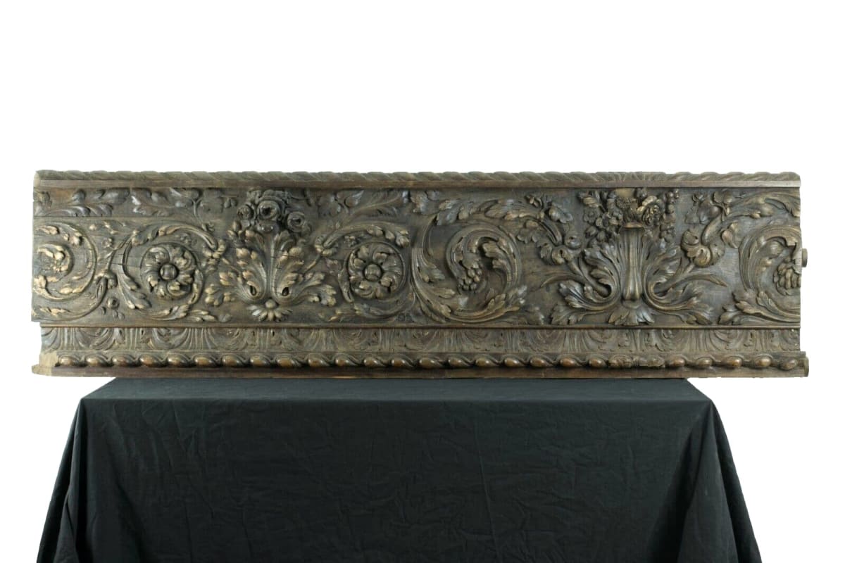 Spectaculaire parement ancien bois sculpté fleur rose baroque godrons frise 2M - Image 1