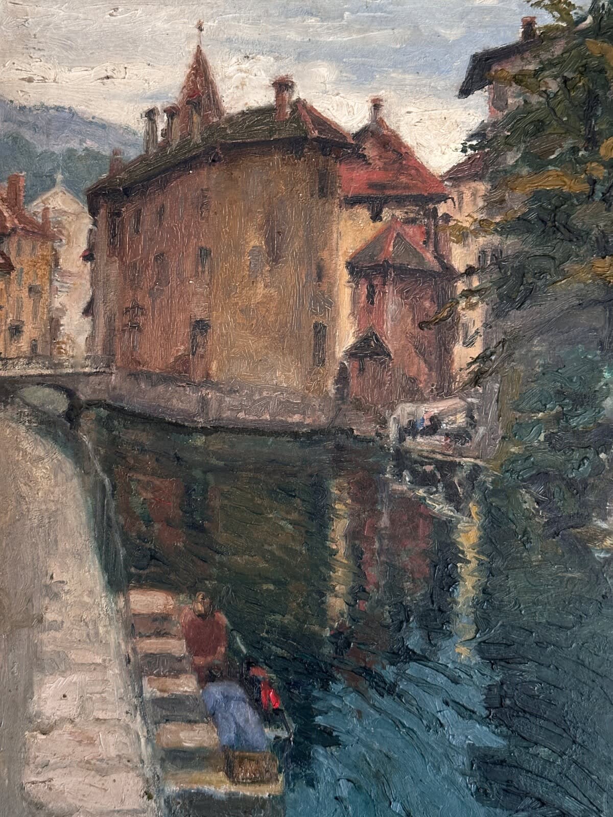 Beau tableau ancien paysage vue d'Annecy animé vieux pont Paul Barian 1900 - Image 1