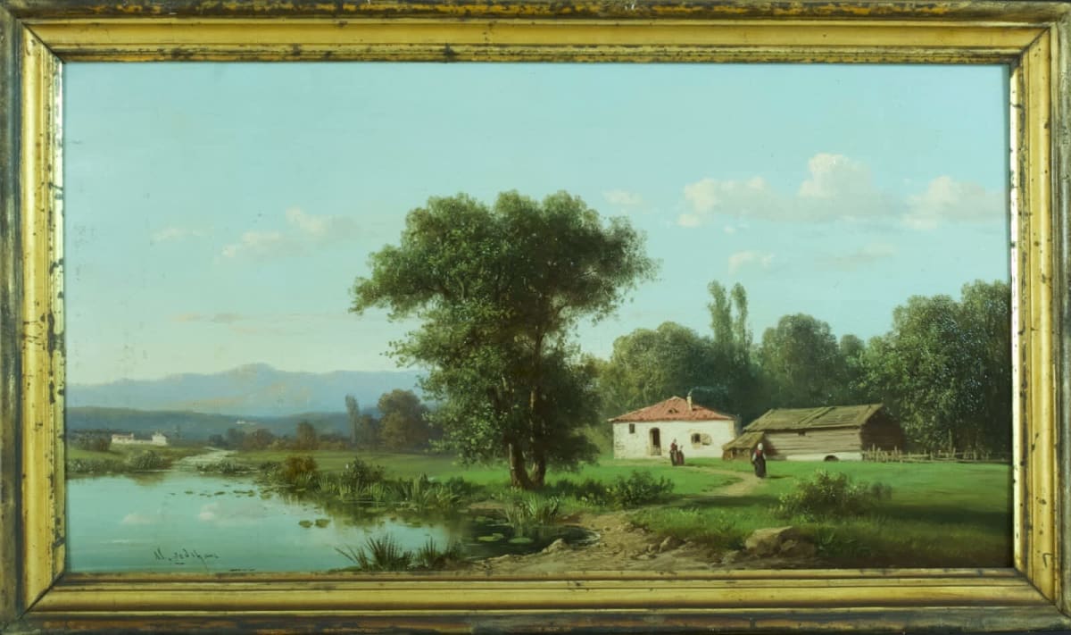 Tableau ancien Alfred Godchaux paysage animé montagne vallée rivière printemps - Image 1