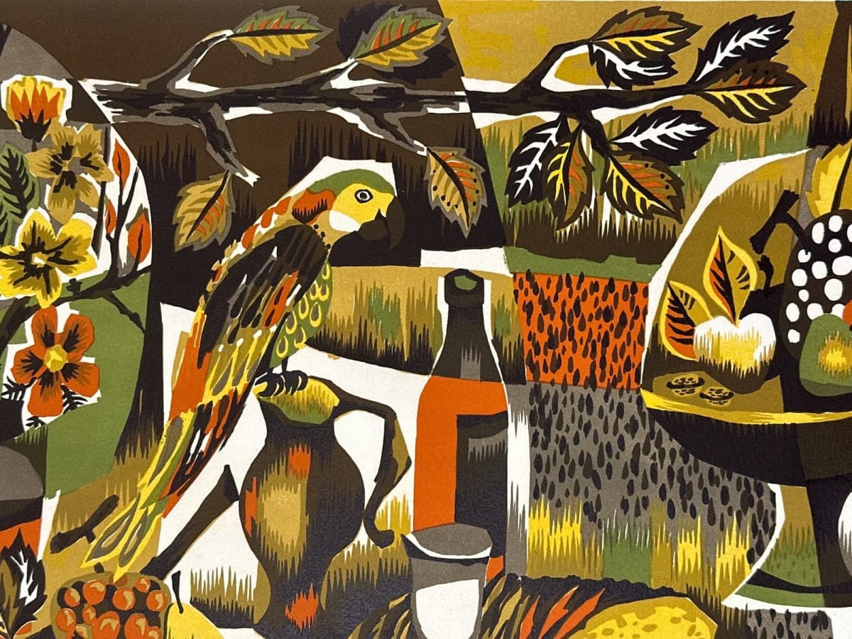 Lithographie moderne Ara nature morte tapisserie Jean Claude Bissery 1970 vintag - Image 1