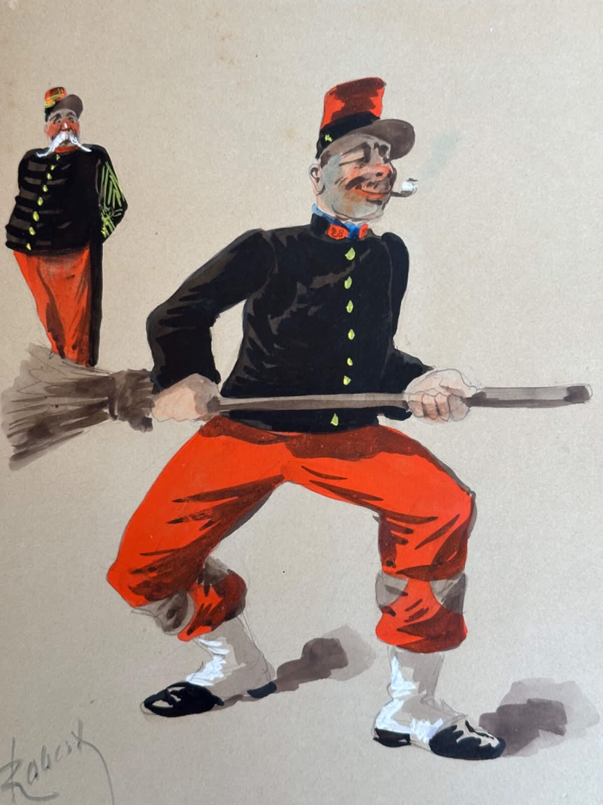 Ancien tableau militaria portrait militaire corvée balai caricature Robert x 3 - Image 1