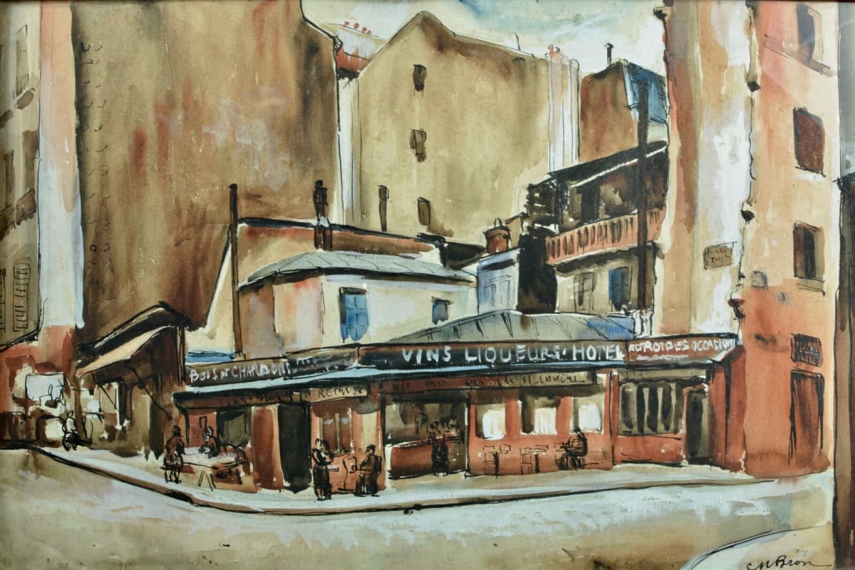 Beau tableau ancien rue Mouffetard Paris 5e animée Art Déco Cesar Bron Vlaminck - Image 1