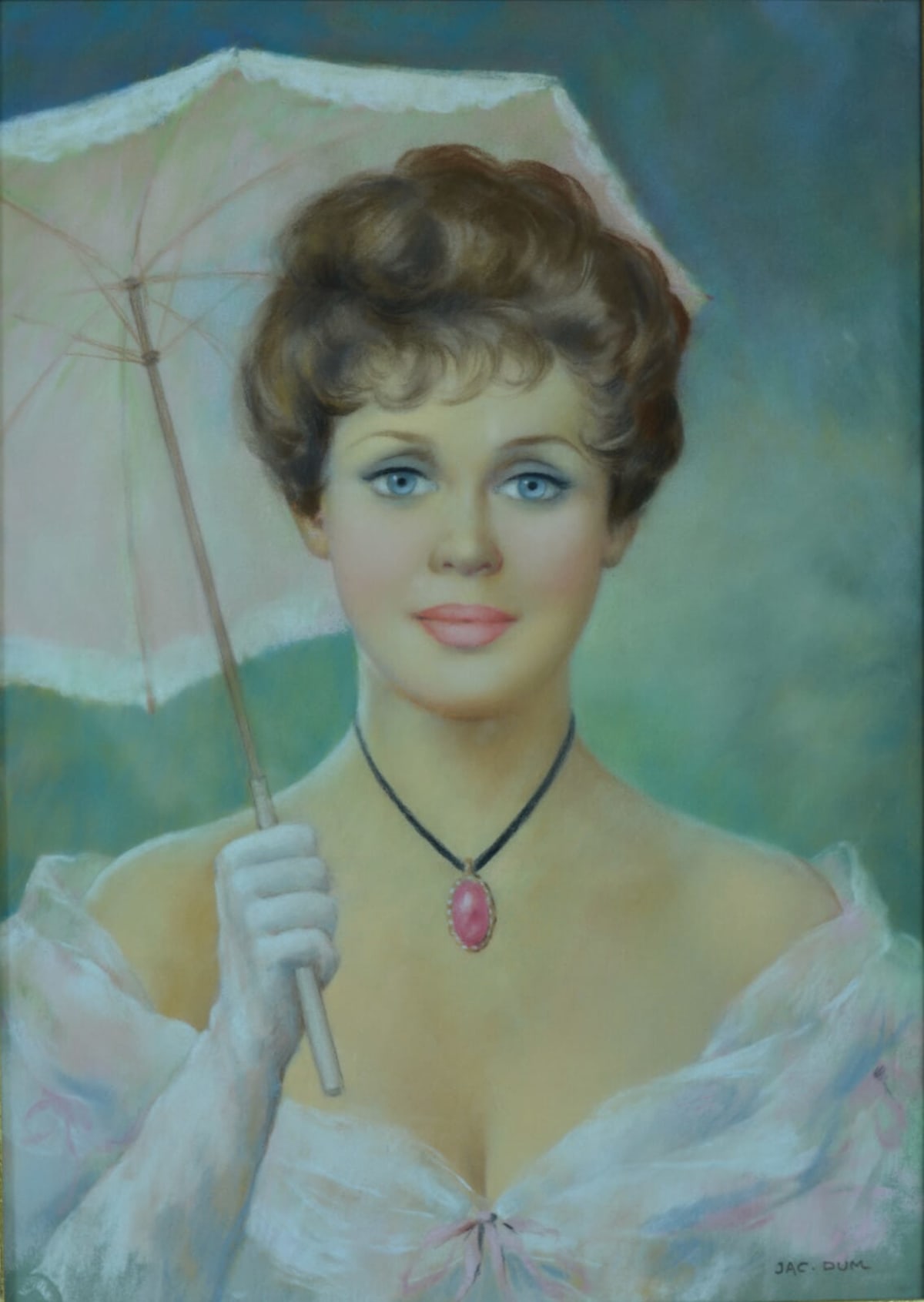 Ancien tableau portrait jeune femme à l'ombrelle et collier camée Jac Dum pastel - Image 1