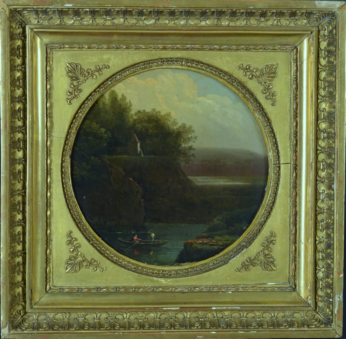 Ancien tableau paysage promeneur barque château école française 18e suiv Bidauld - Image 1