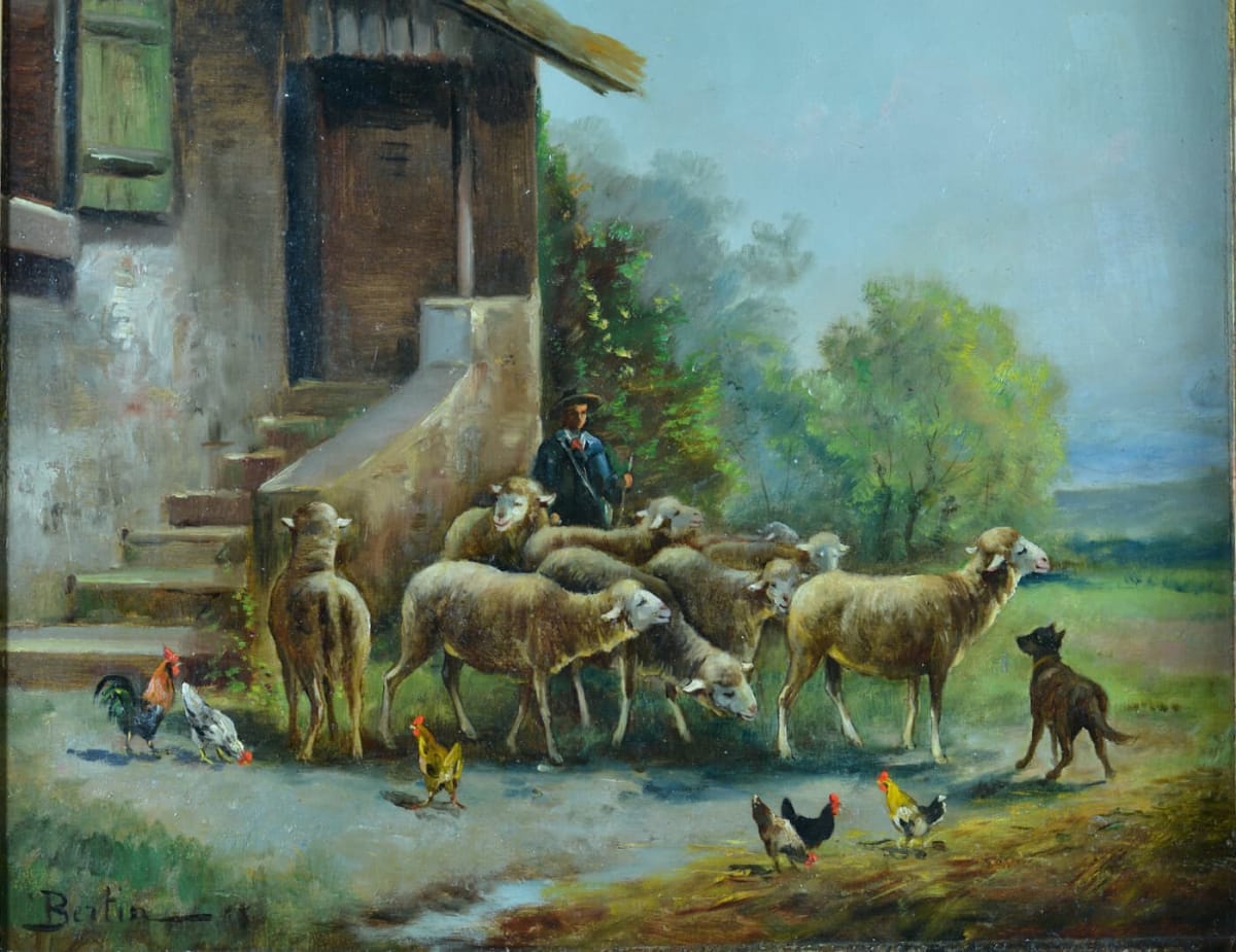 Beau tableau ancien départ du troupeau XIXe sv Paul Chaigneau signé Bertin - Image 1
