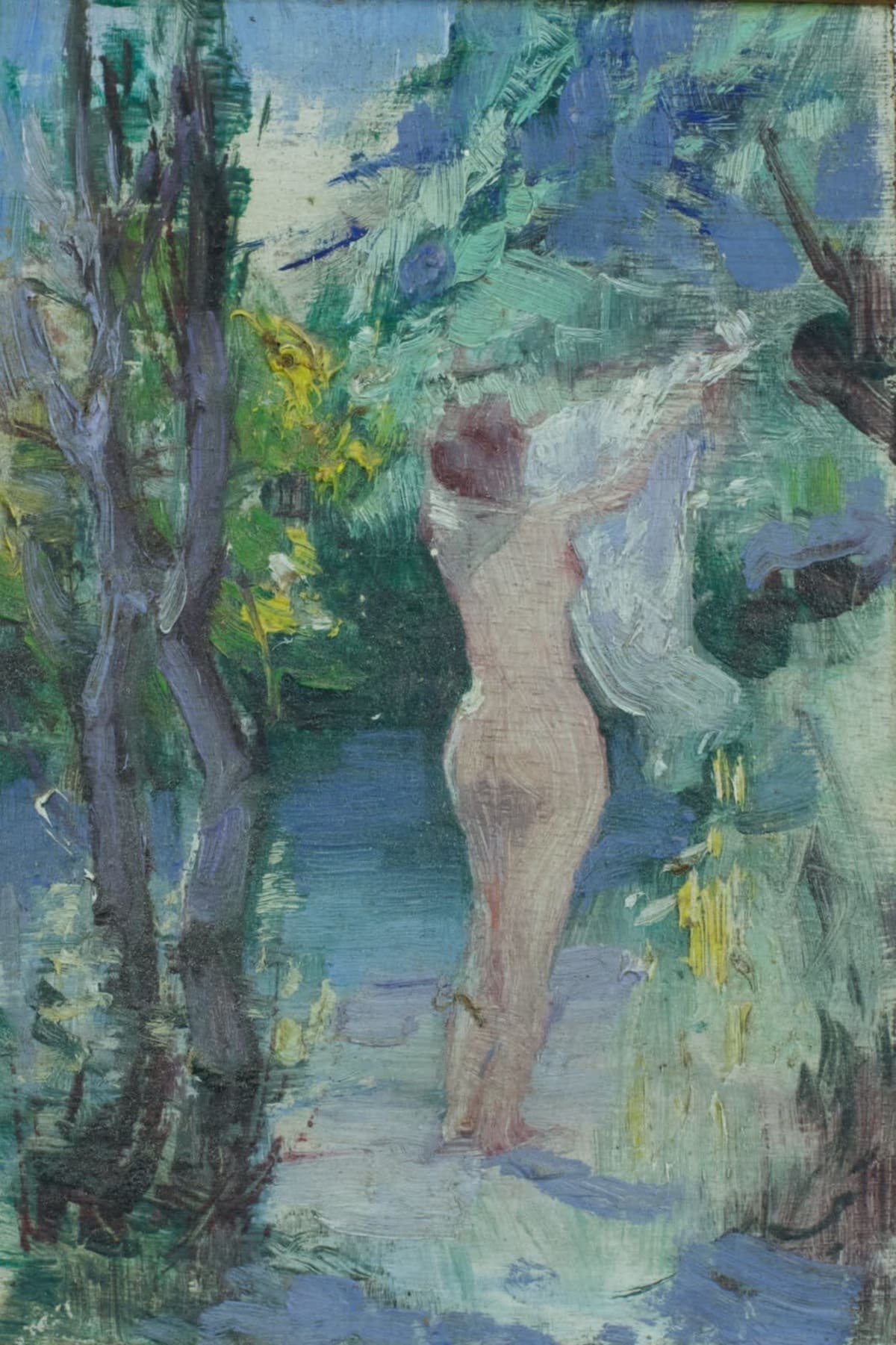 Ancien tableau portrait femme nue nymphe trois grâces au bain Louis Delfau - Image 1