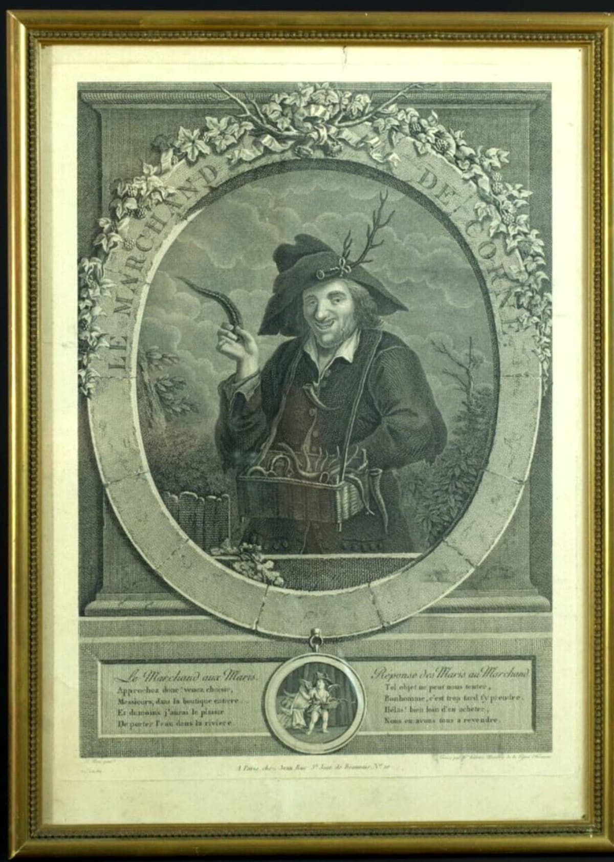 Ancienne gravure portrait marchand de cornes fidélité mariage allégorie Le Nain - Image 1