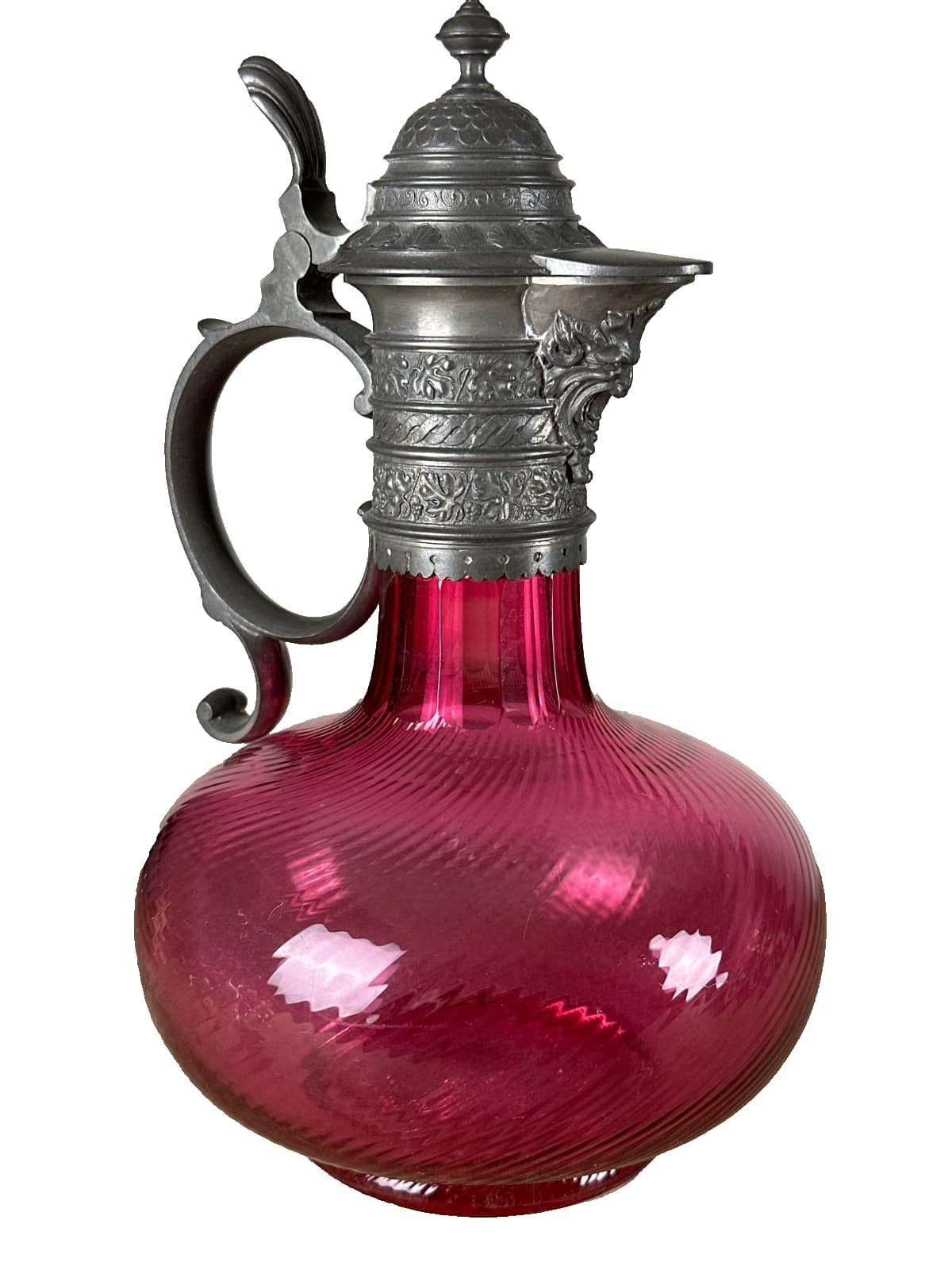 Ancienne aiguière, en cristal, verre couleur framboise renaissance, carafe - Image 1
