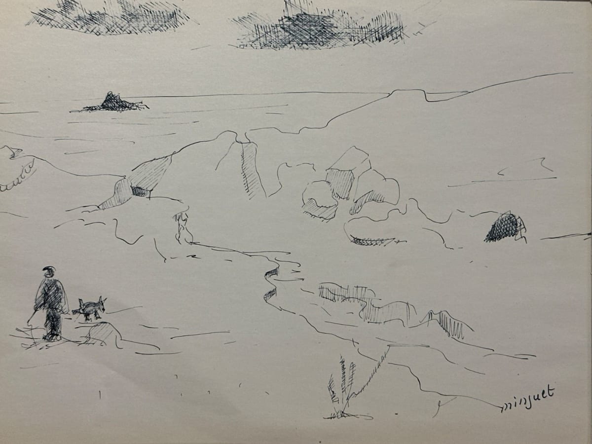 Dessin ancien école bretonne promeneur bord de mer Alexandre Minguet Pont-Aven - Image 1