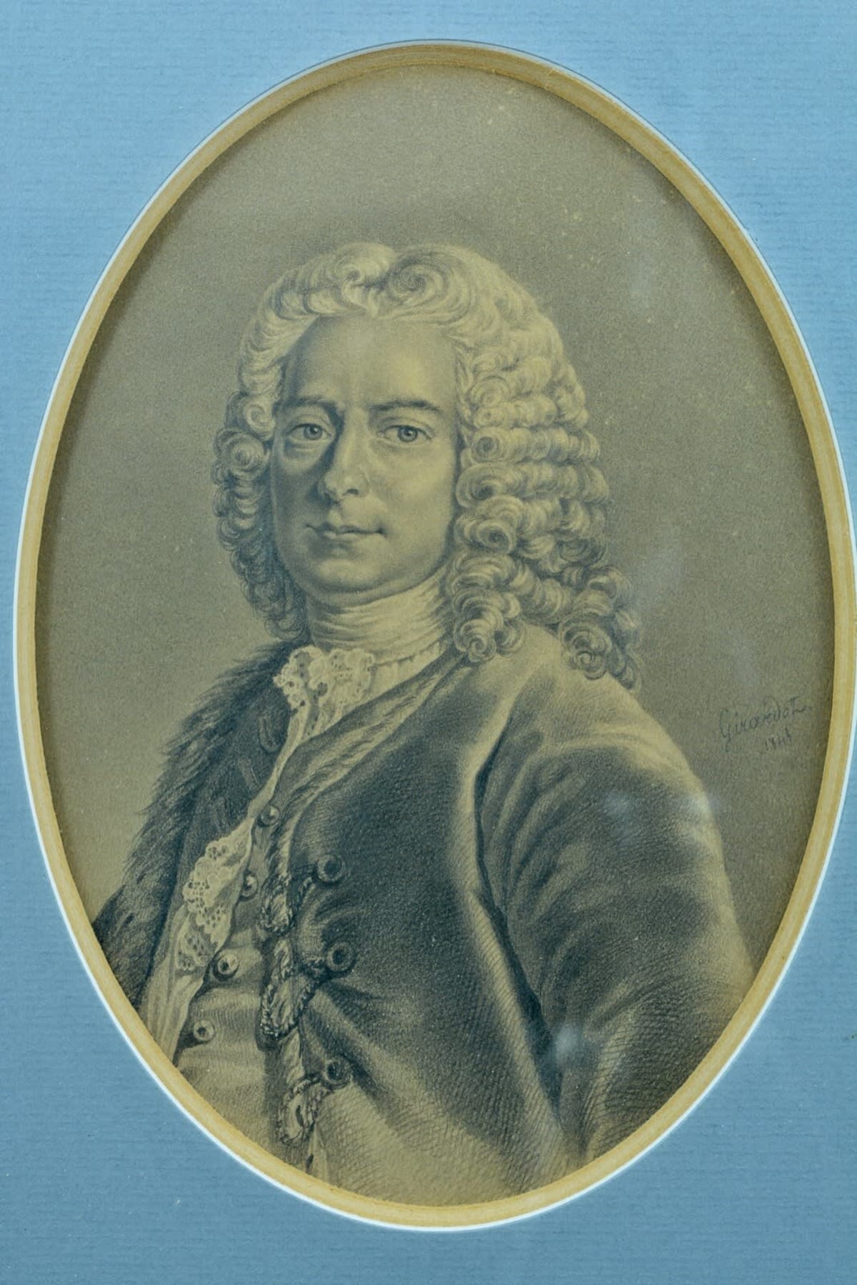 Tableau ancien dessin XVIIIe portrait d'un homme à la perruque signé Girardot - Image 1