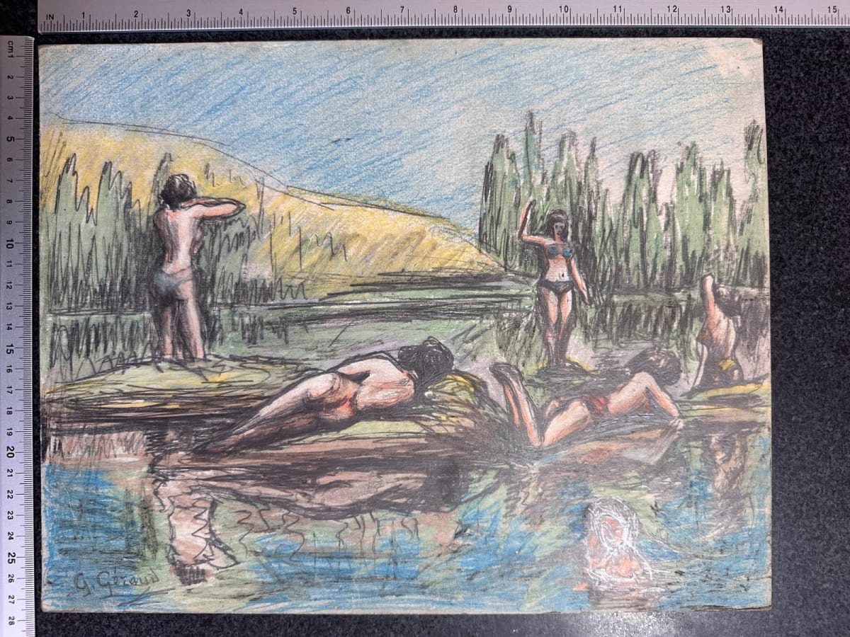 Ancien dessin les baigneuses nues dans un lac signé G. Geraud - Image 1