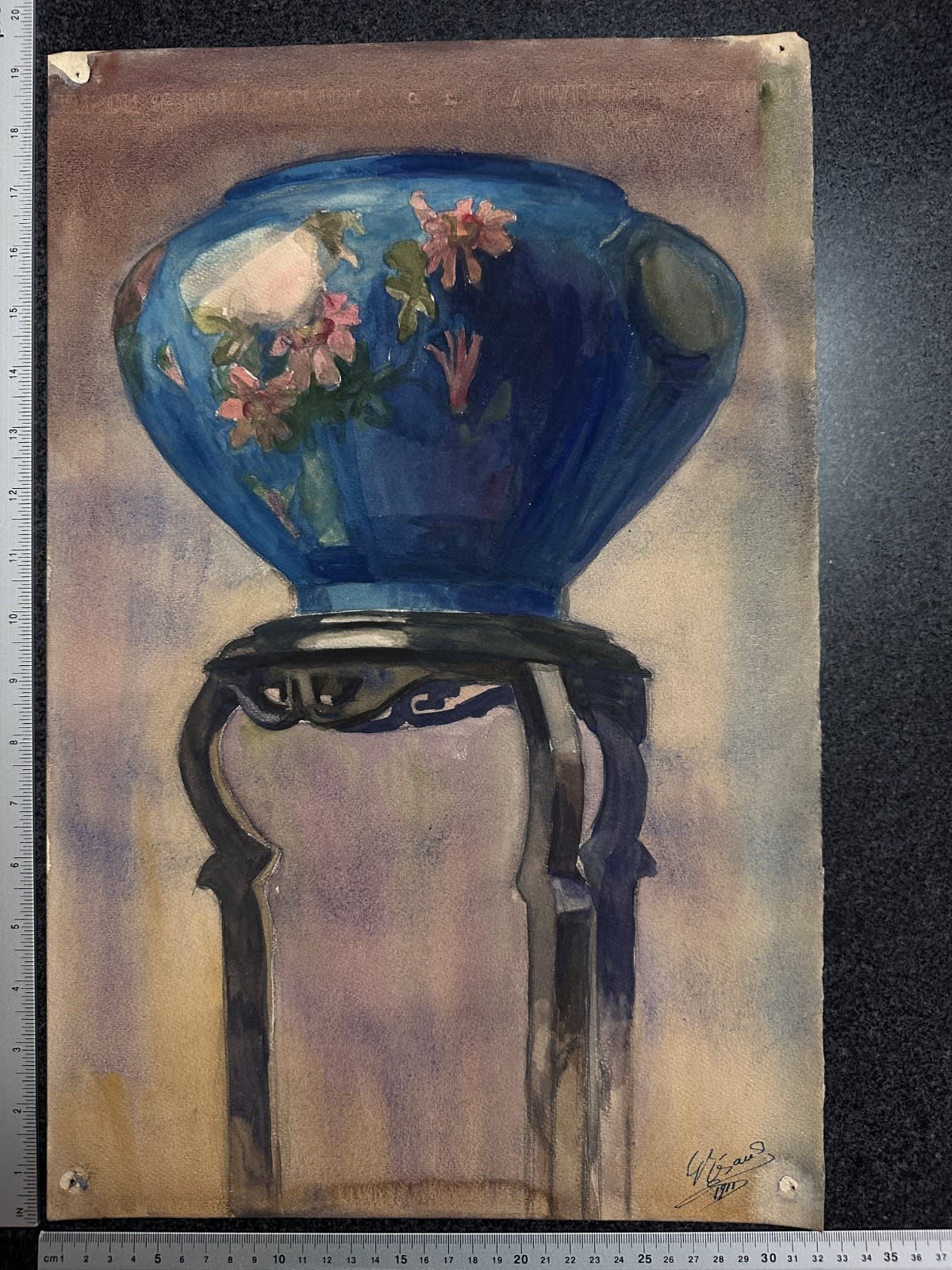 Ancienne aquarelle sellette japonisme nature morte jardinière Napoléon III 1910 signé - Image 1