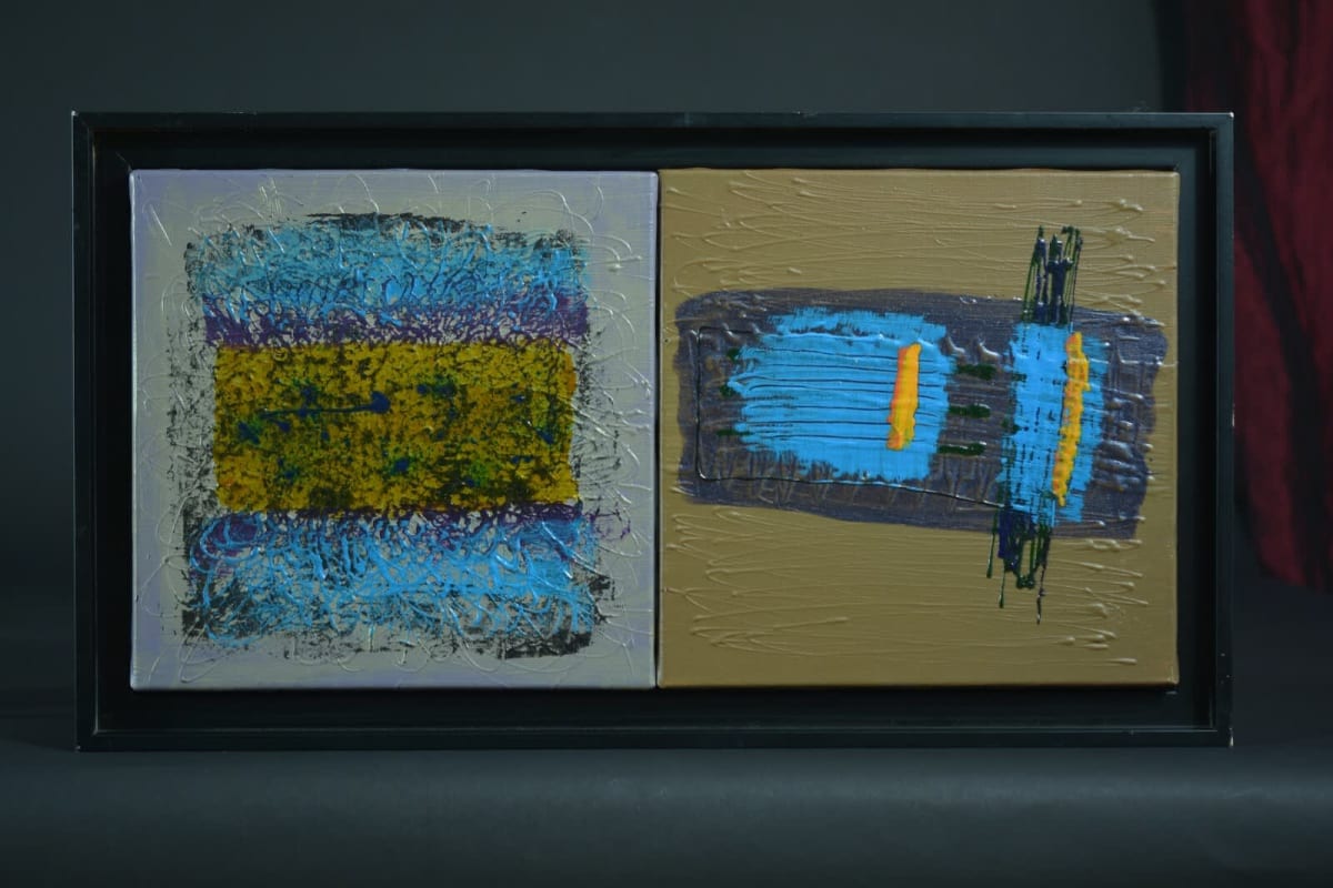 Ancien tableau abstrait contemporain Cosmos signé Nash cadre x 2 - Image 1