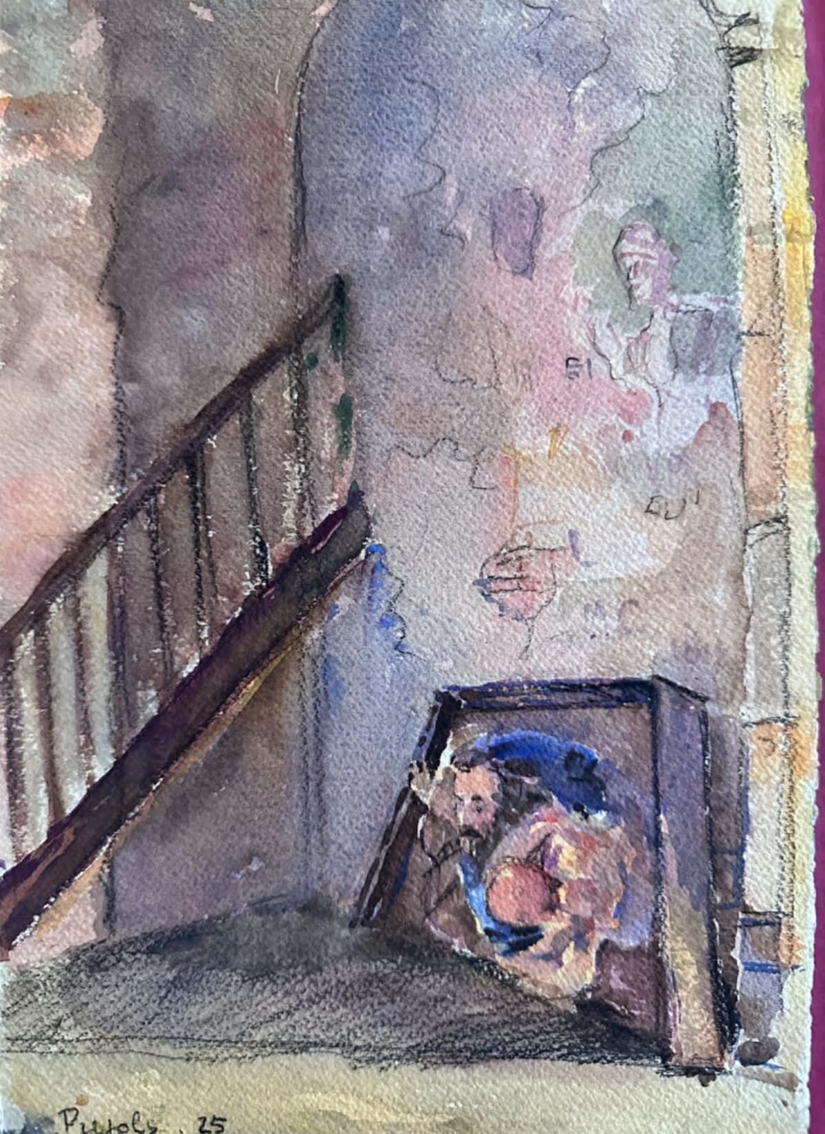 Ancien dessin intérieur maison personnage Pujols paysage Jean Terles Art Deco - Image 1