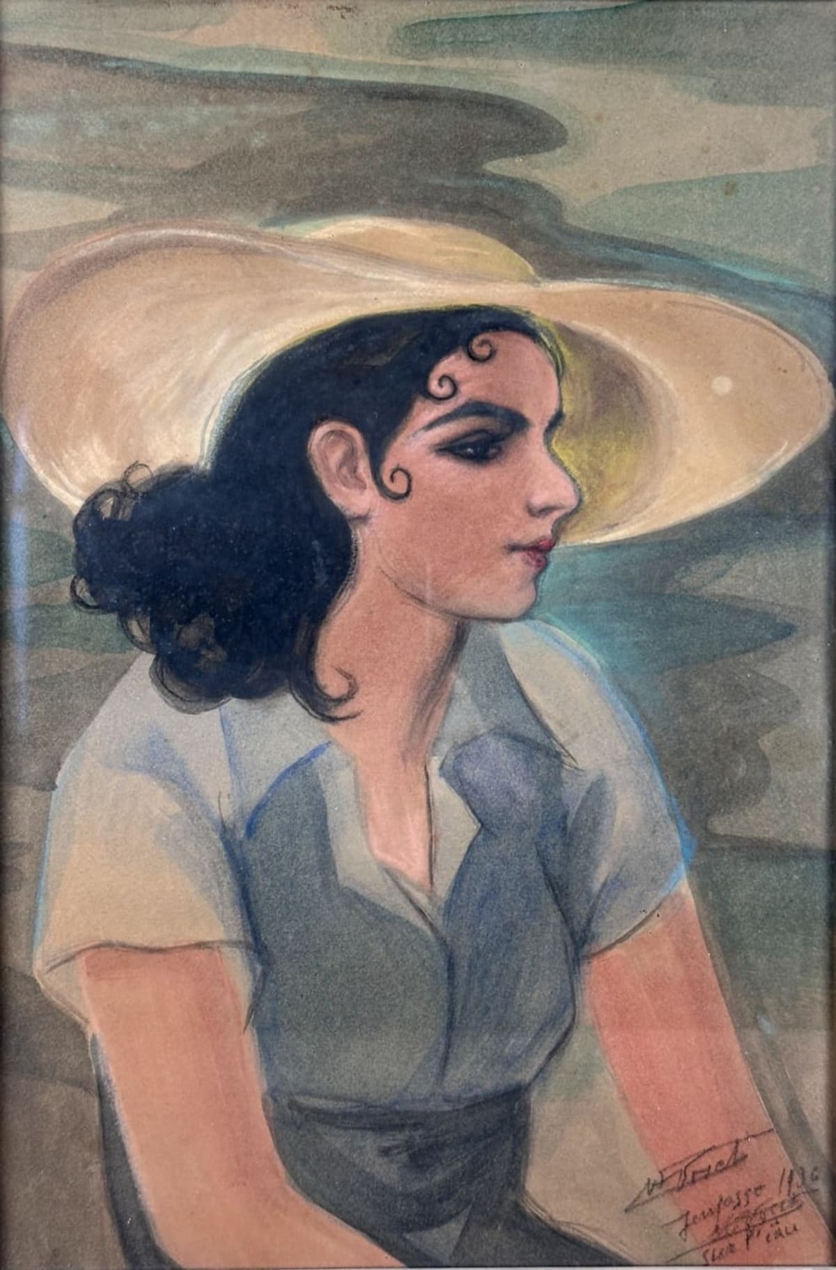 Beau dessin portrait jeune femme élégante navigant chapeau canotière signé 1936 - Image 1