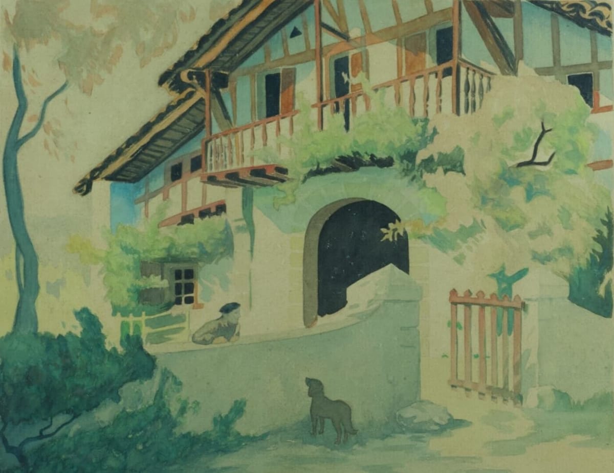 Ancien tableau Pays Basque maison chien portrait Raoul Serres Art déco aquarelle - Image 1