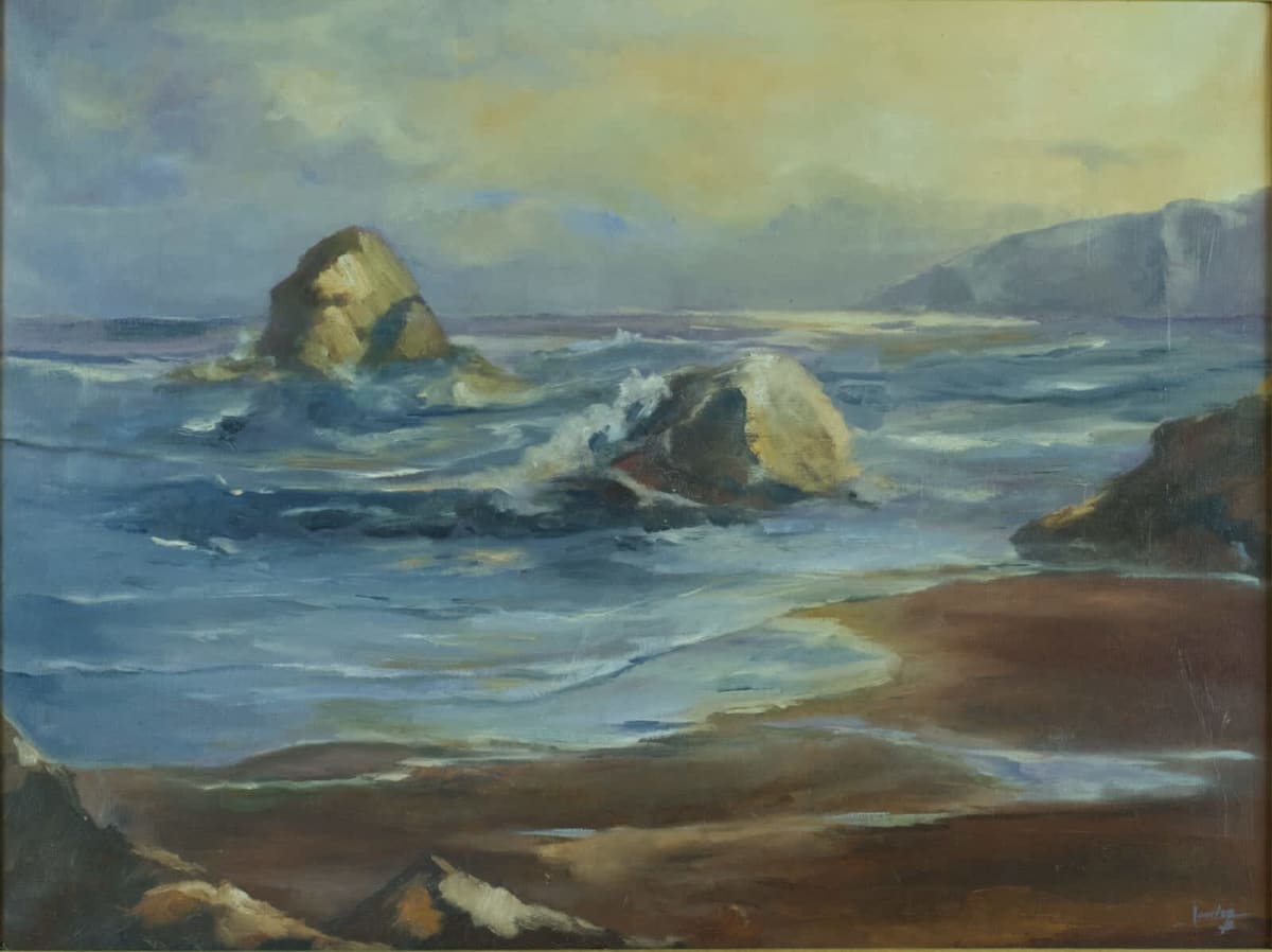 Ancien beau tableau marine bord de mer côte rocheuse Normandie signé - Image 1