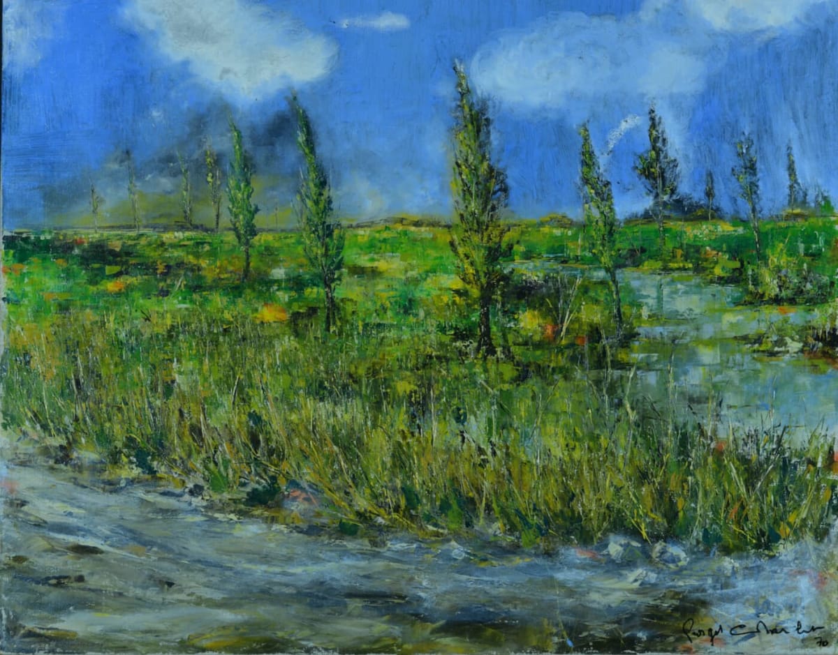 Tableau ancien paysage arboré les jeunes peupliers printemps signé Charbit HST - Image 1