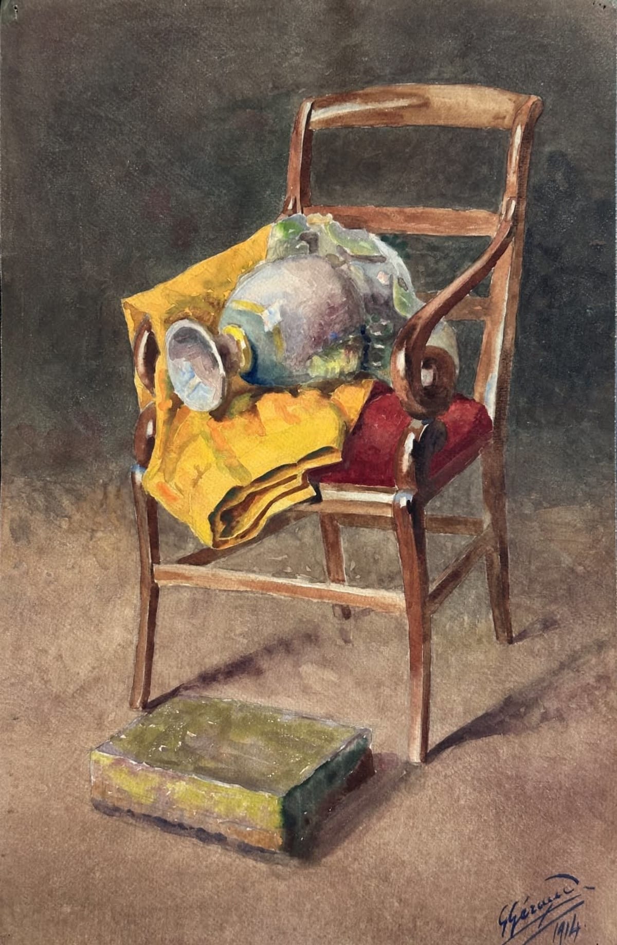 Ancienne aquarelle signée G. Geraud nature morte vase étoffe fauteuil Empire - Image 1