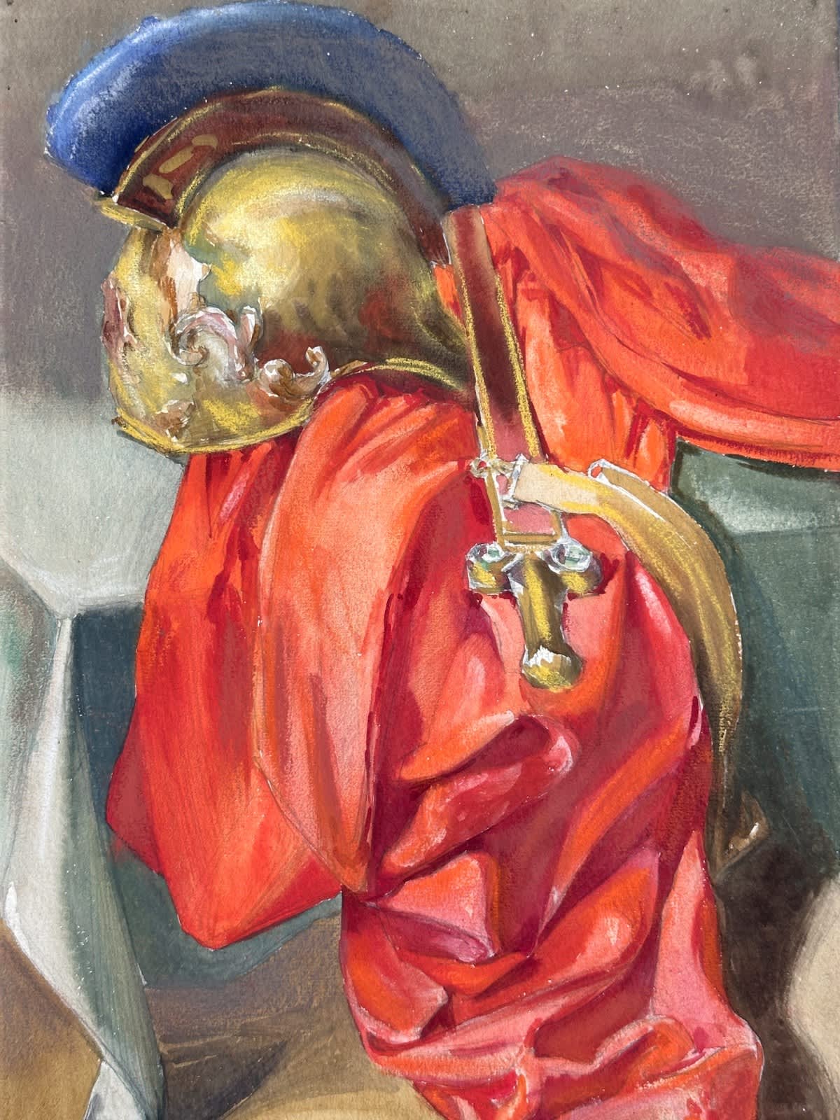 Ancienne aquarelle nature morte théâtre costume rouge glaive centurion Rome signé - Image 1
