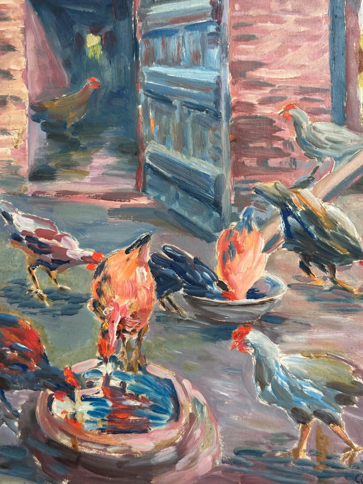 Ancienne aquarelle signée G. Geraud coqs poules poulailler basse cour 1920 - Image 1